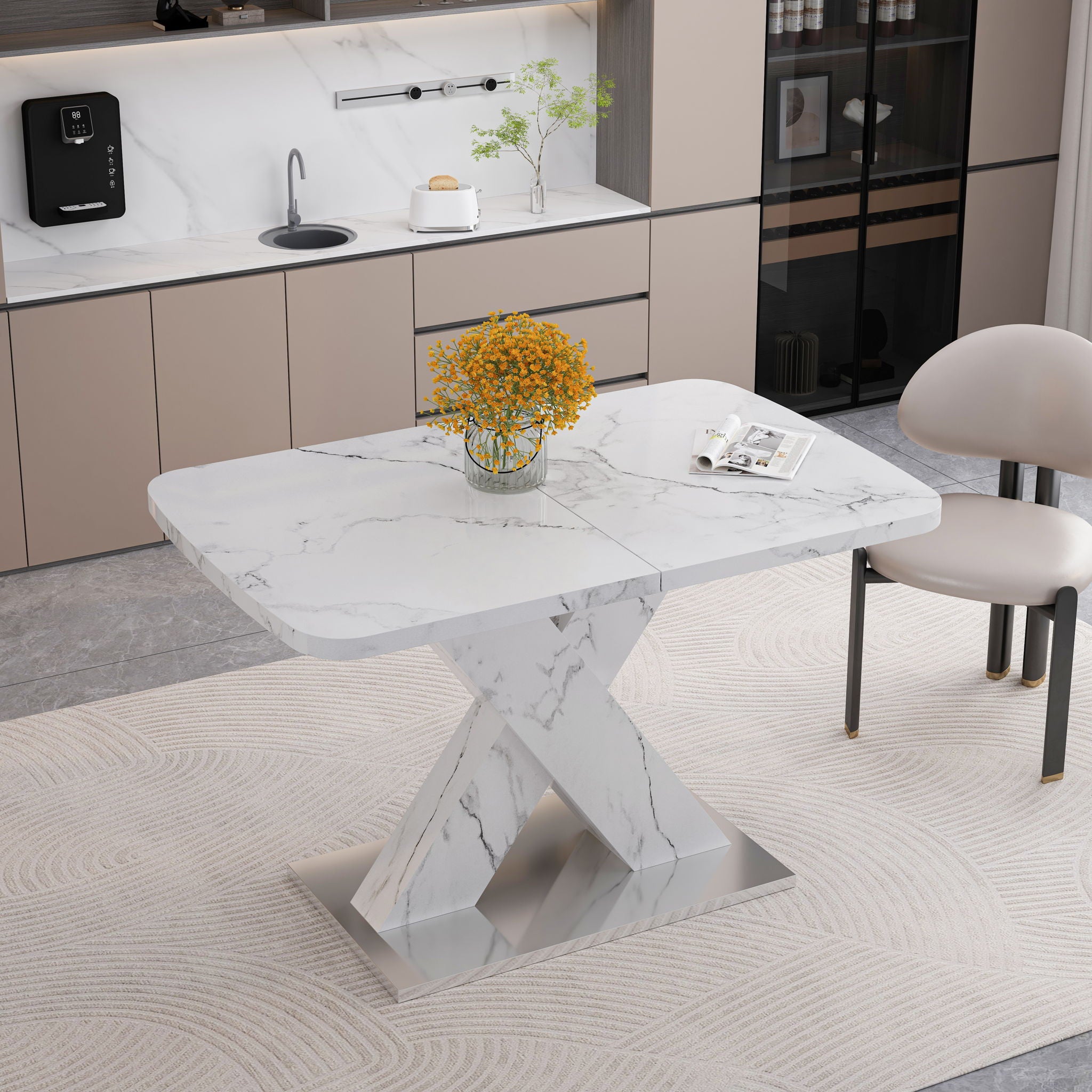 Modern Rectangle Dining Table With Stretchable TopAnd X Shape Legs