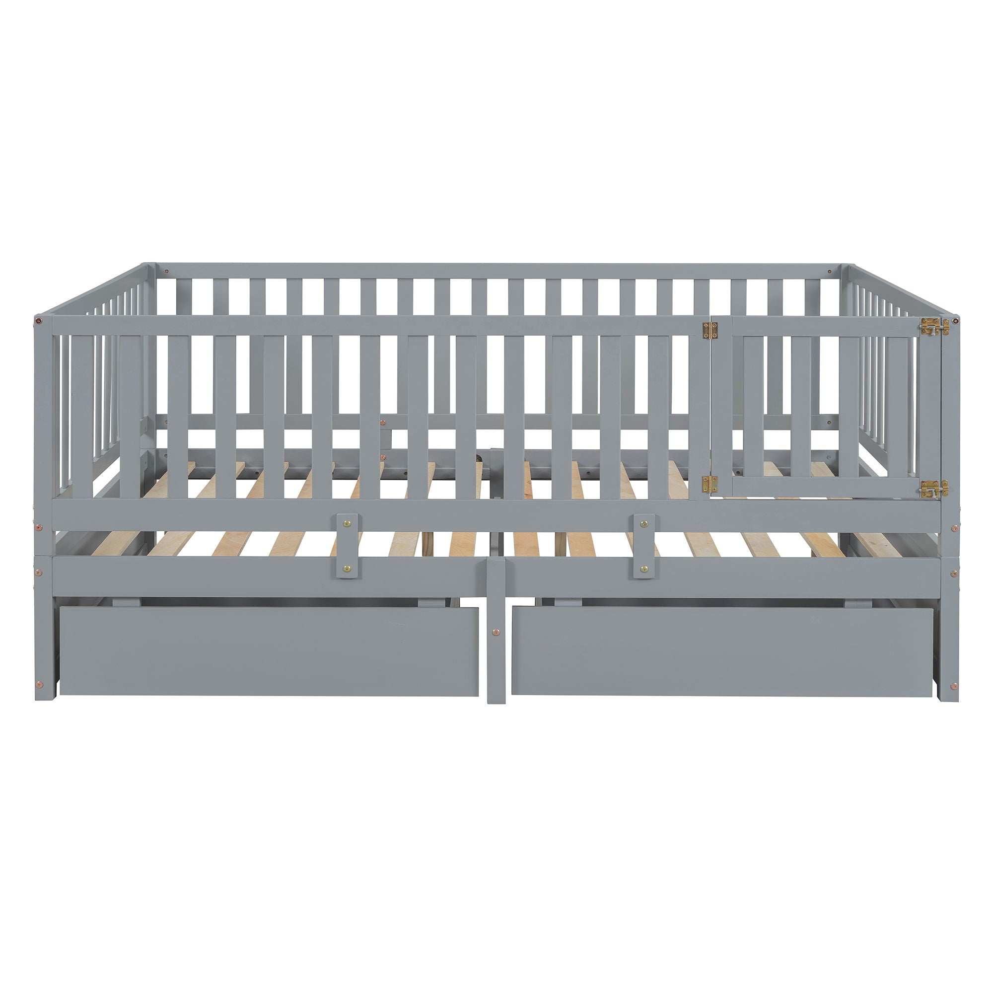 Daybed With Fence Guardrails And 2 Drawers, Split Into Independent Floor Bed & Daybed