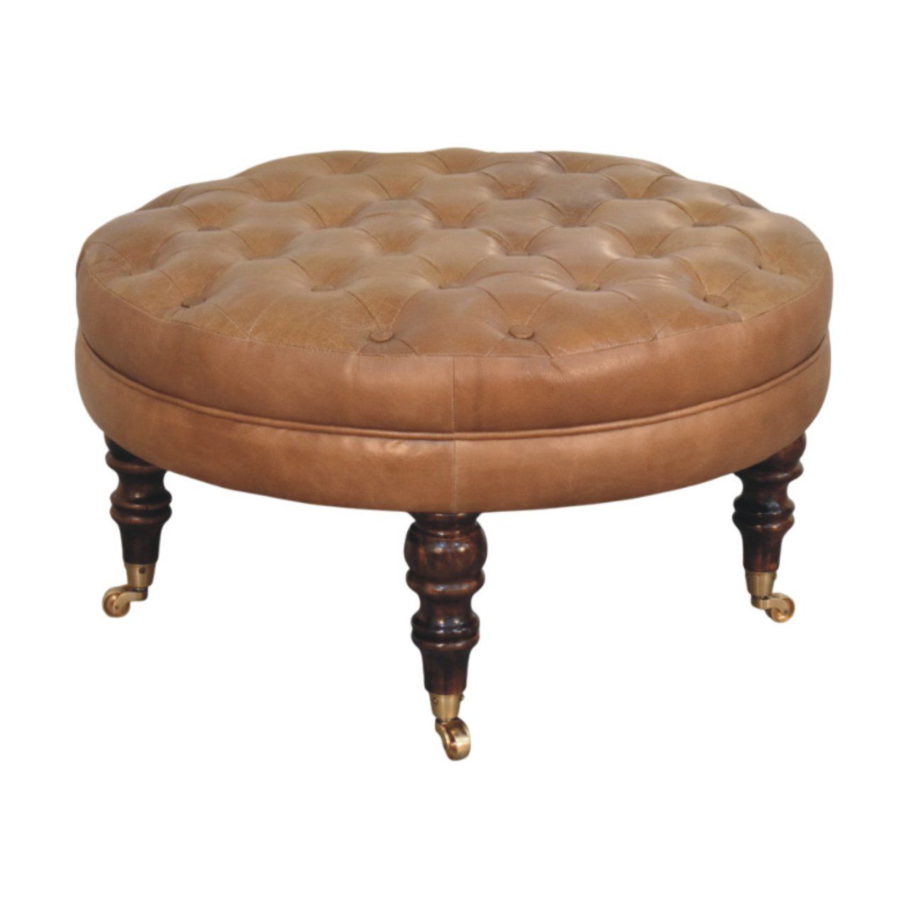 Buffalo - Leather Round Ottoman With Castor Legs - Brown
