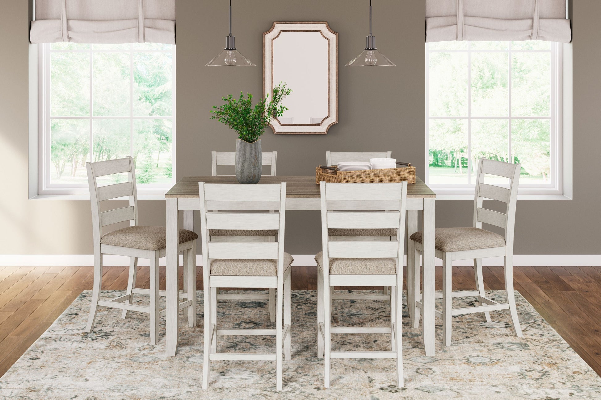 Signature Design by Ashley® Skempton - White / Light Brown - Counter Height Dining Table And Bar Stools (Set of 7) | Meri Furniture