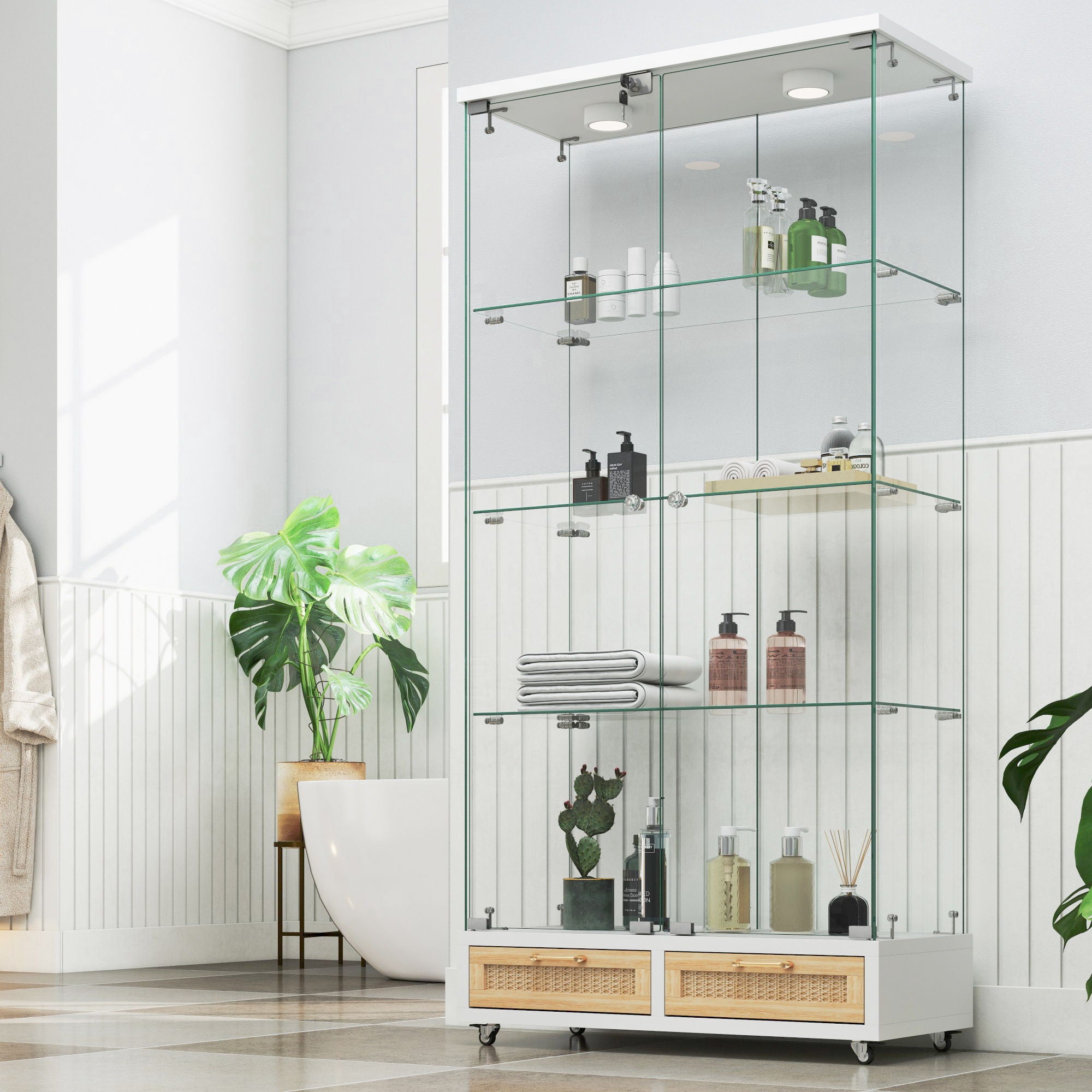 Glass Display Cabinet With LED Lights, Tempered Glass Doors, Large Drawers, 2 Door Storage Case With 4 Shelves - Natural / White