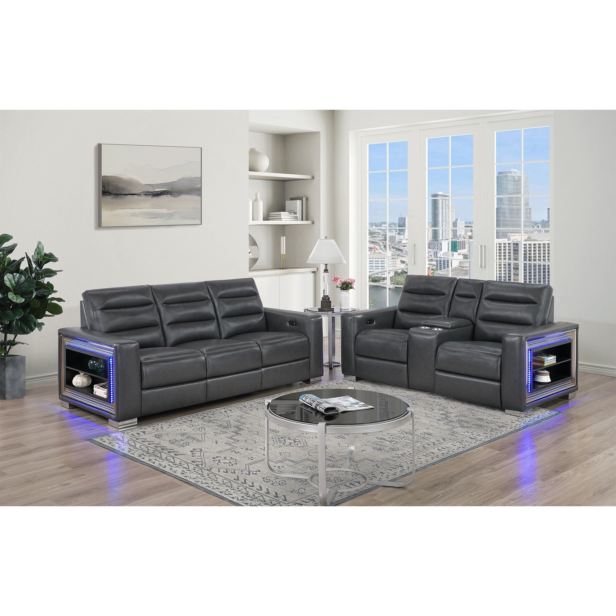 Yamein - Power Reclining Sofa With Bookcase Arms And LED Lights - Charcoal