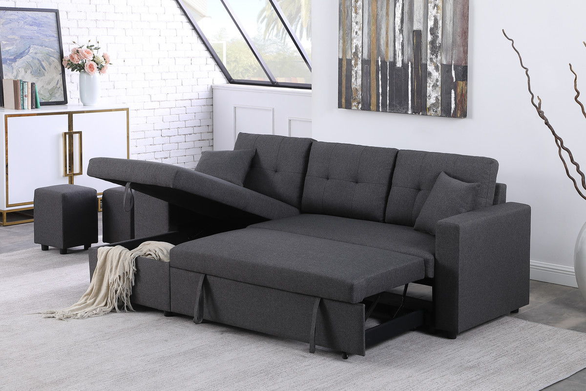 Dennis 93"W Dark Gray Linen Fabric Reversible Sleeper Sectional with Storage Chaise and 2 Stools
