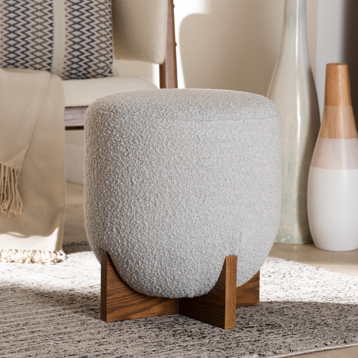 Fisk Japandi Light Grey Boucle Fabric and Walnut Brown Finished Wood Ottoman Footstool