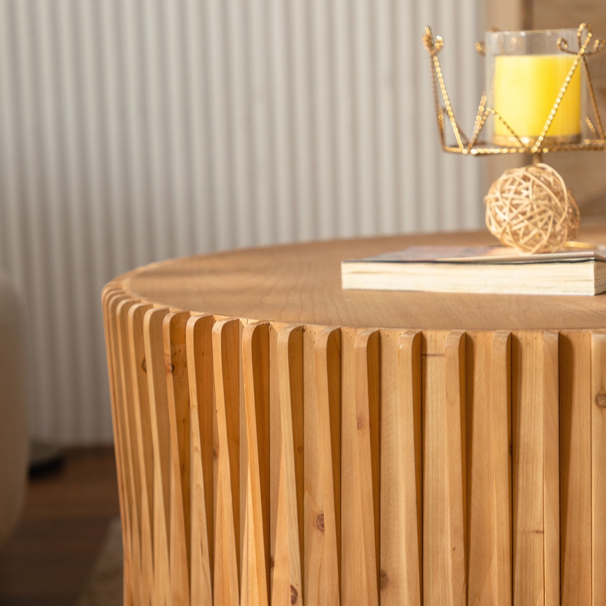 Cylindrical Coffee Table With Vertical Texture Relief