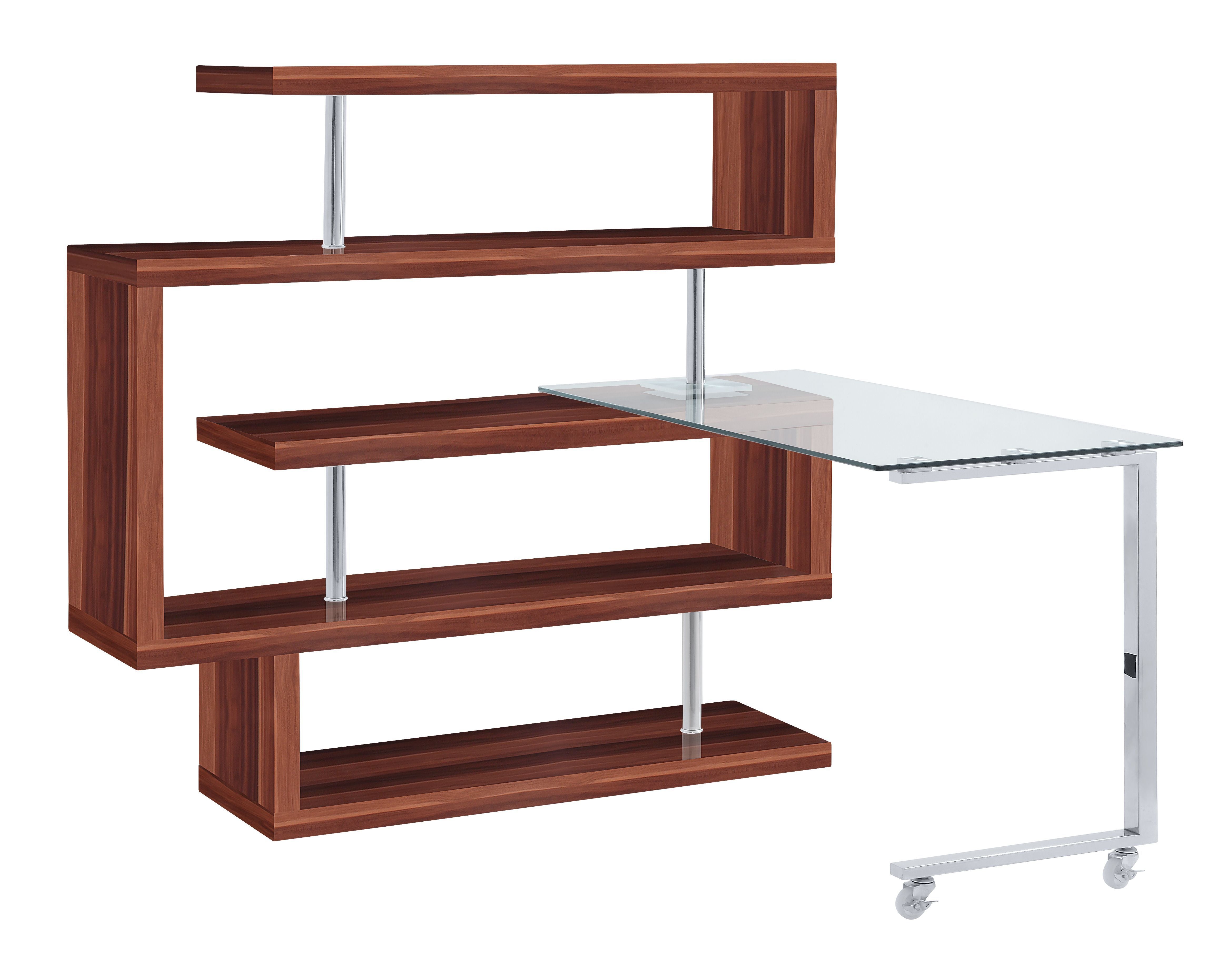 ACME Writing Desk w/Swivel Function 360 Open Storage: 4 Shelves Clear Glass Desk Top High Gloss Finish 2 Wheels Included | Meri Furniture