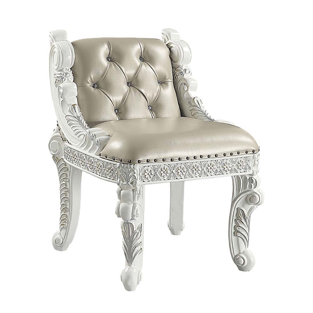 ACME Vanaheim - Vanity Stool - Beige PU & Antique White Finish | Meri Furniture