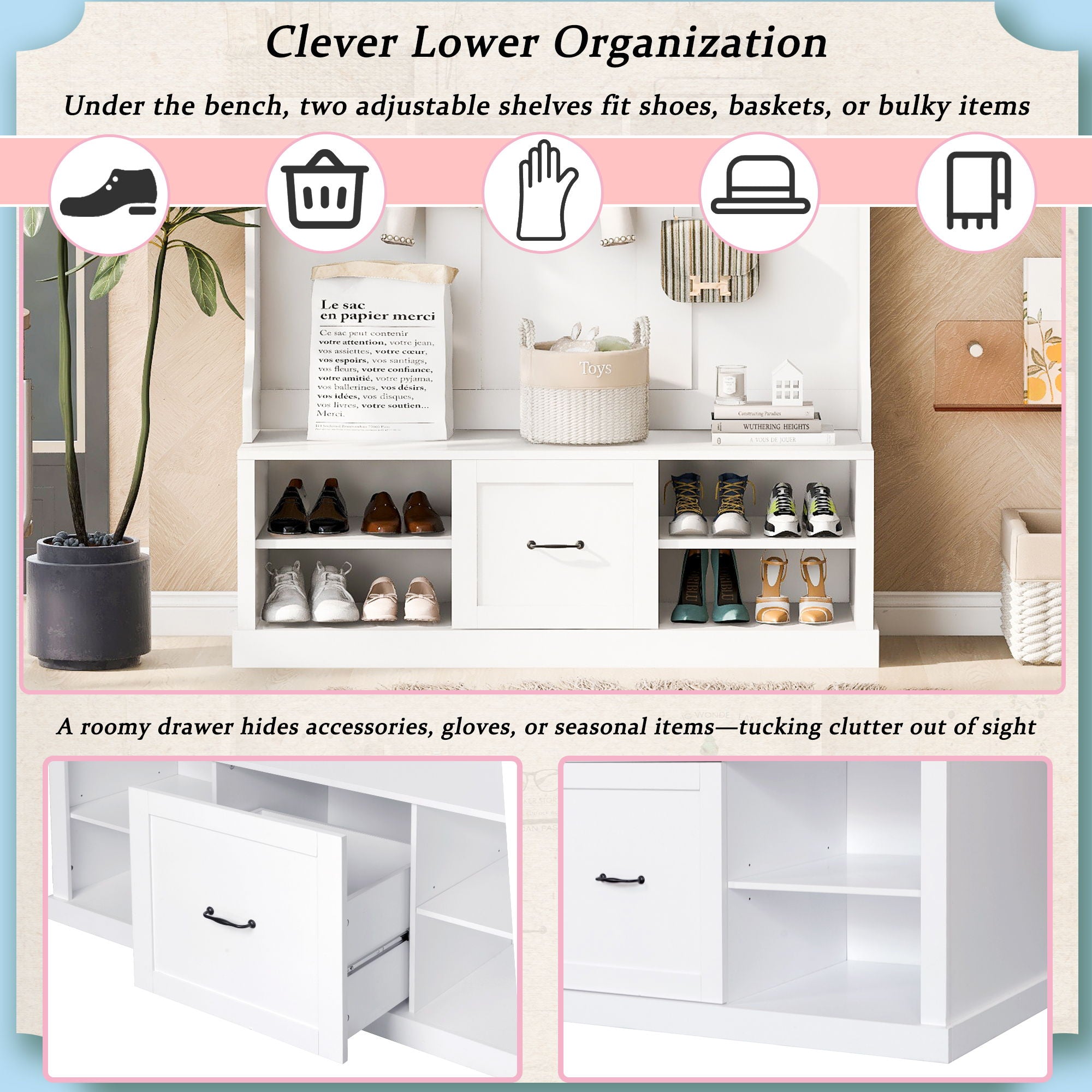 Hall Tree With 6 Hooks, Coat Hanger, Entryway Bench