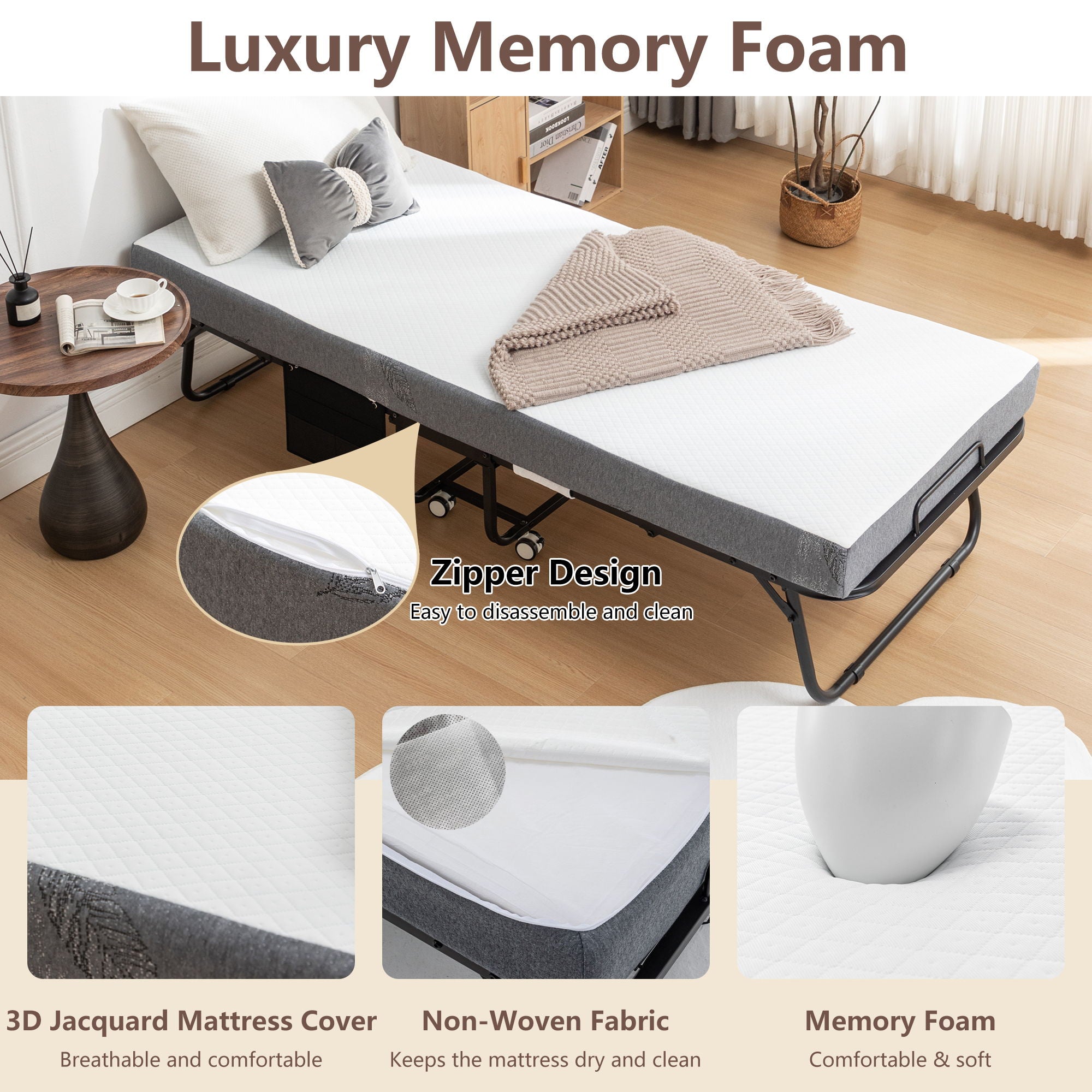 Foldable Metal Frame Bed For Guest With Memory Foam Mattress On Wheels, Saving Space Rollaway Bed