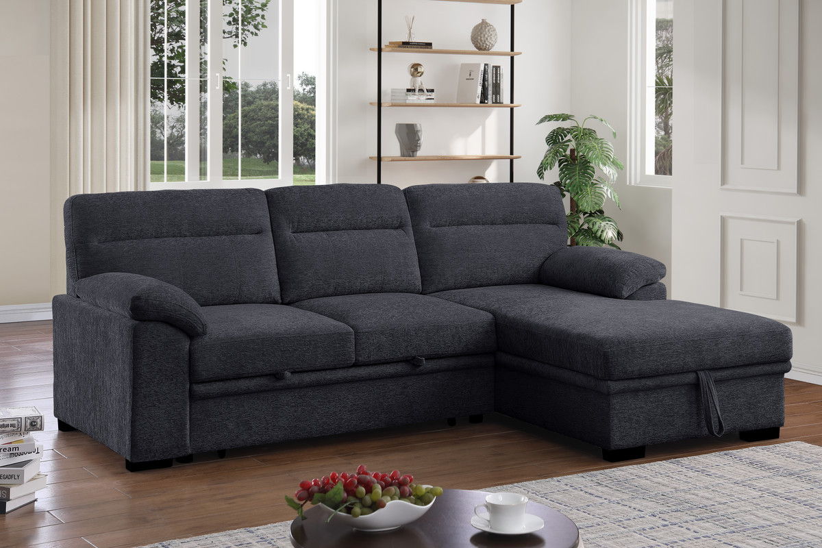 Kipling II 94"W Dark Gray Chenille Fabric Sleeper Sectional Sofa with Right-Facing Chaise, Cupholders, USB Charging port