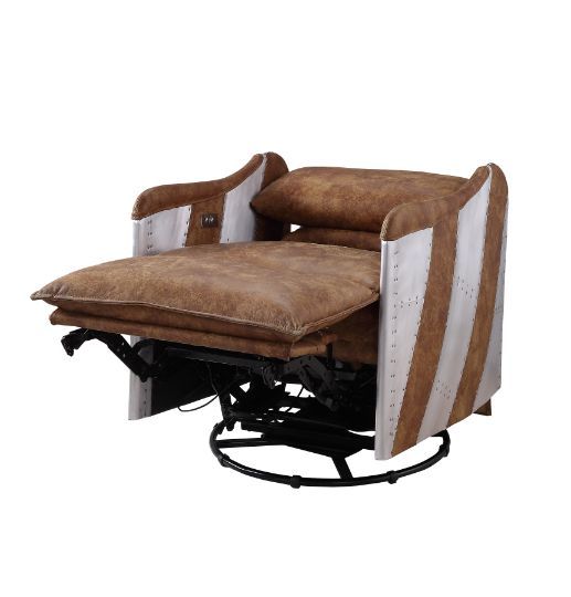 Qalurne - Power Motion Recliner With Swivel - Two Tone Mocha Top Grain Leather & Aluminum