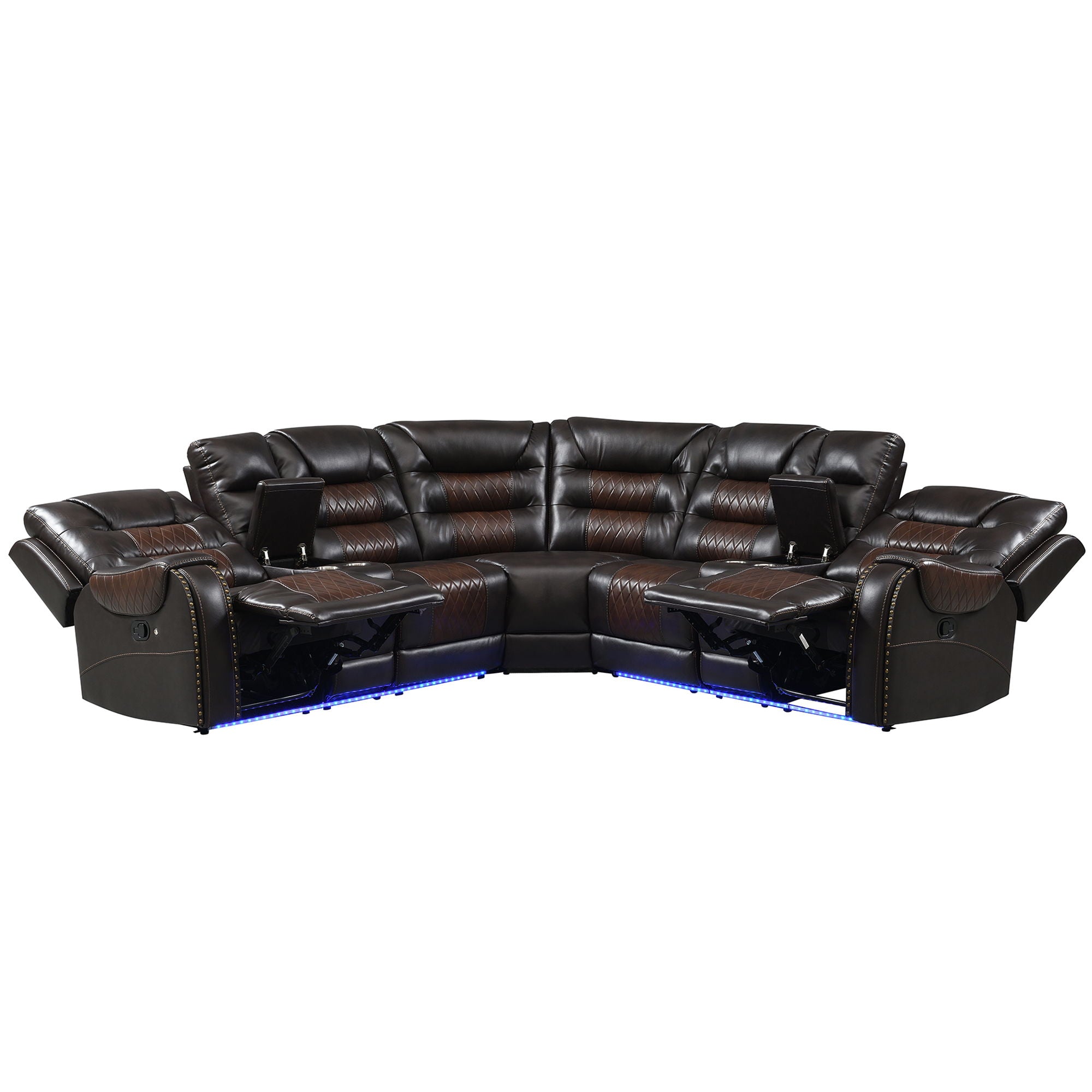 Manual Reclining Sectional Sofa Set, L Shaped Symmetrical Motion Sofa Corner Couch Sets With Storage Boxes, 4 Cup Holders And LED Light Strip For Living Room