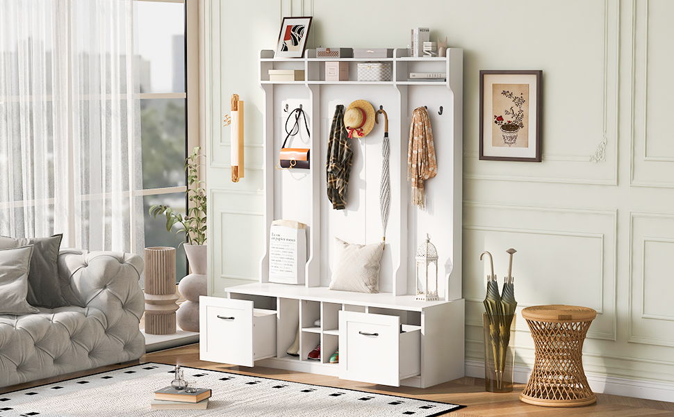 5 In 1 Entryway Bench With Coat Rack, 7 Sturdy Hooks, 2 Spacious Drawers And Adjustable Shelves
