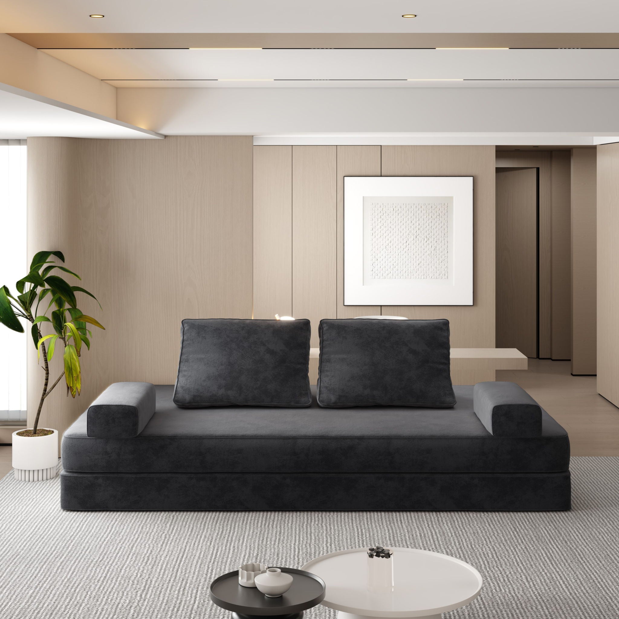 Multifunctional Convertible Sofa Bed With 2 Tumbler Backrests And 2 Pillows, Deep Seat Couch