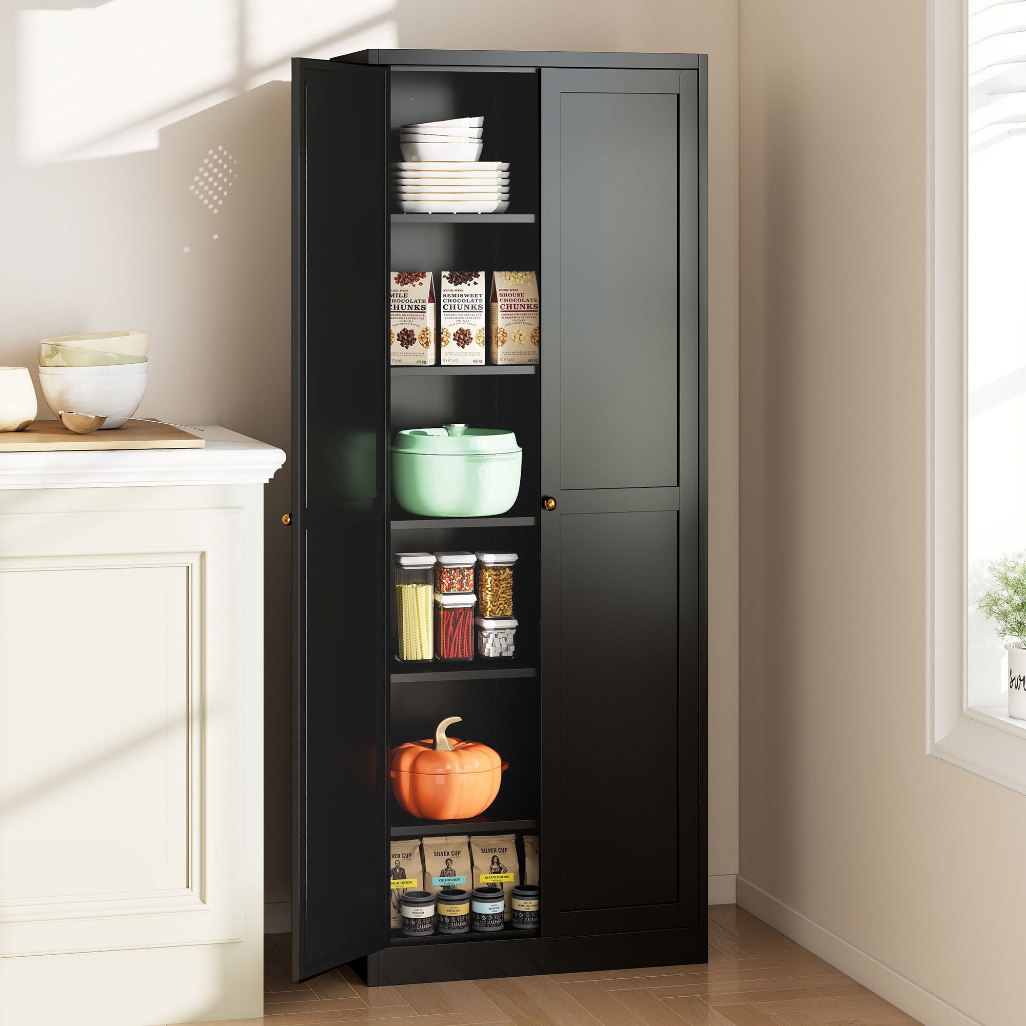 Kitchen Pantry Cabinet With 4 Adjustable Shelves, Heavy Duty Freestanding Organizer