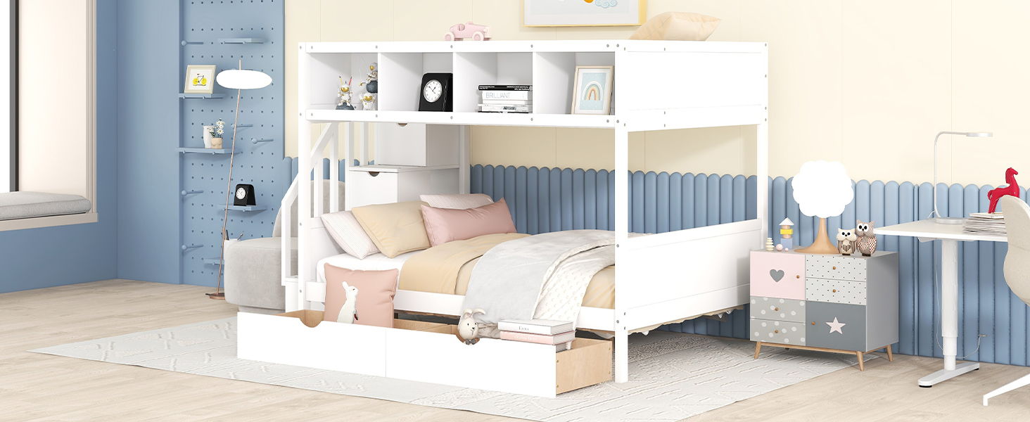 Bunk Bed With Shelfs, Storage Staircase And 2 Drawers