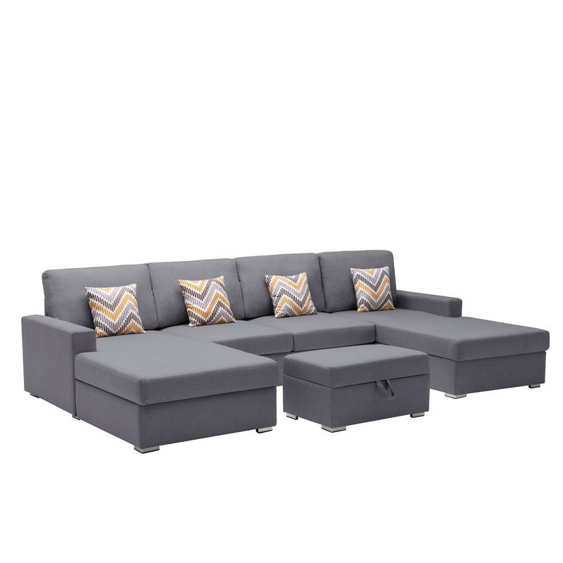 Nolan 124"W Gray Linen Fabric 5Pc Double Chaise Sectional Sofa with Interchangeable Legs, Storage Ottoman, and Pillows
