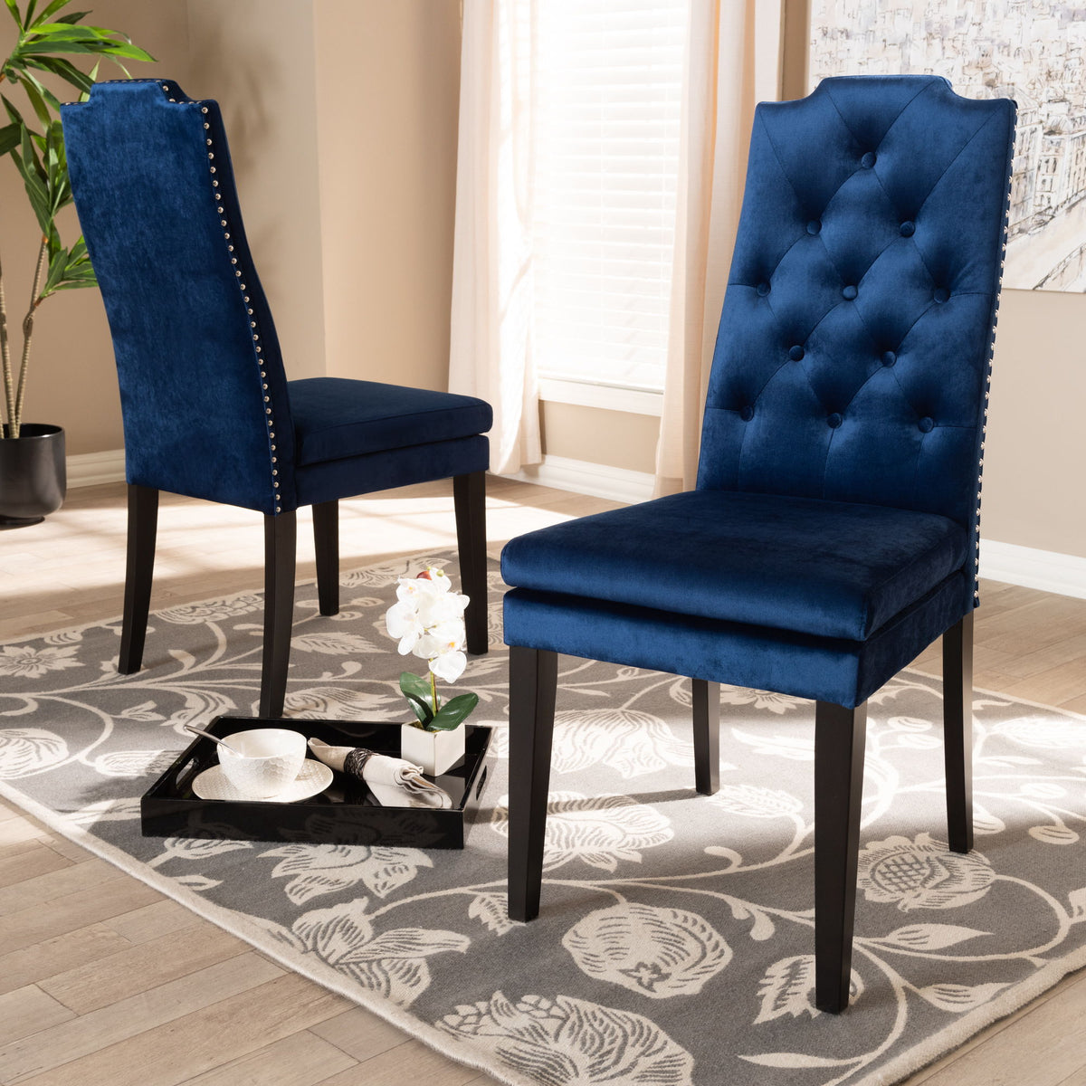 Dylin Modern and Contemporary Navy Blue Velvet Fabric Upholstered Button Tufted Wood Dining Chair Set of 2