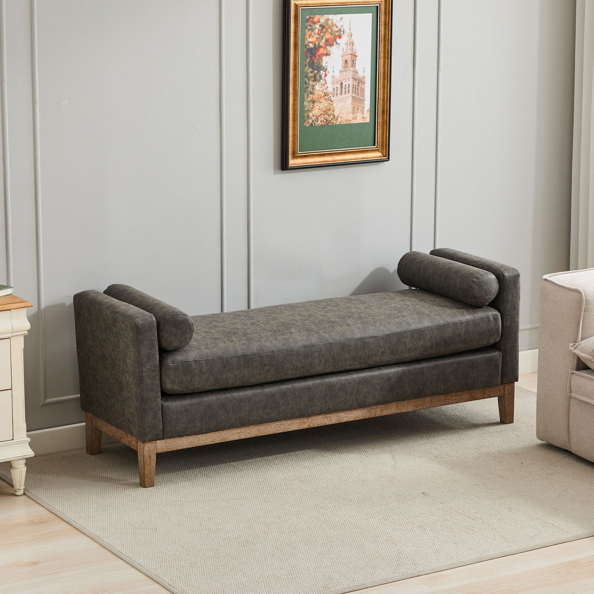 Elegant Upholstered Bench Daybed Ottoman With Bolster Pillows