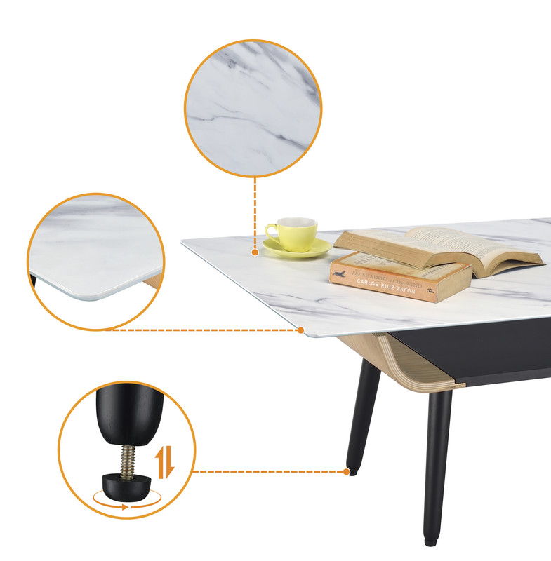 Landon 47"W Coffee Table with Glass White Marble Texture Top and Bent Wood Design