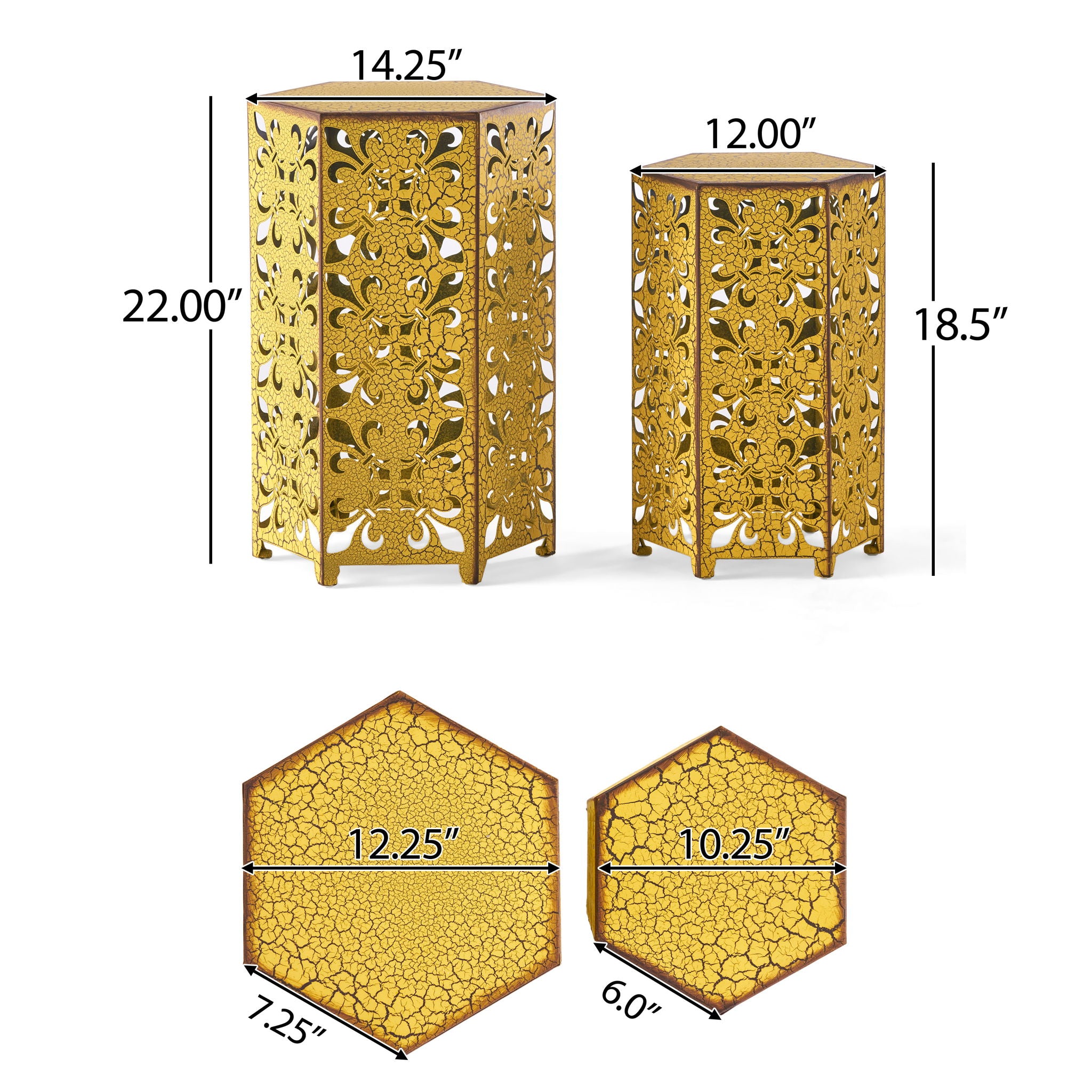 Outdoor Hexagonal Accent Table Set With Charming Fleur De Lis Panel Sides - Antique Yellow