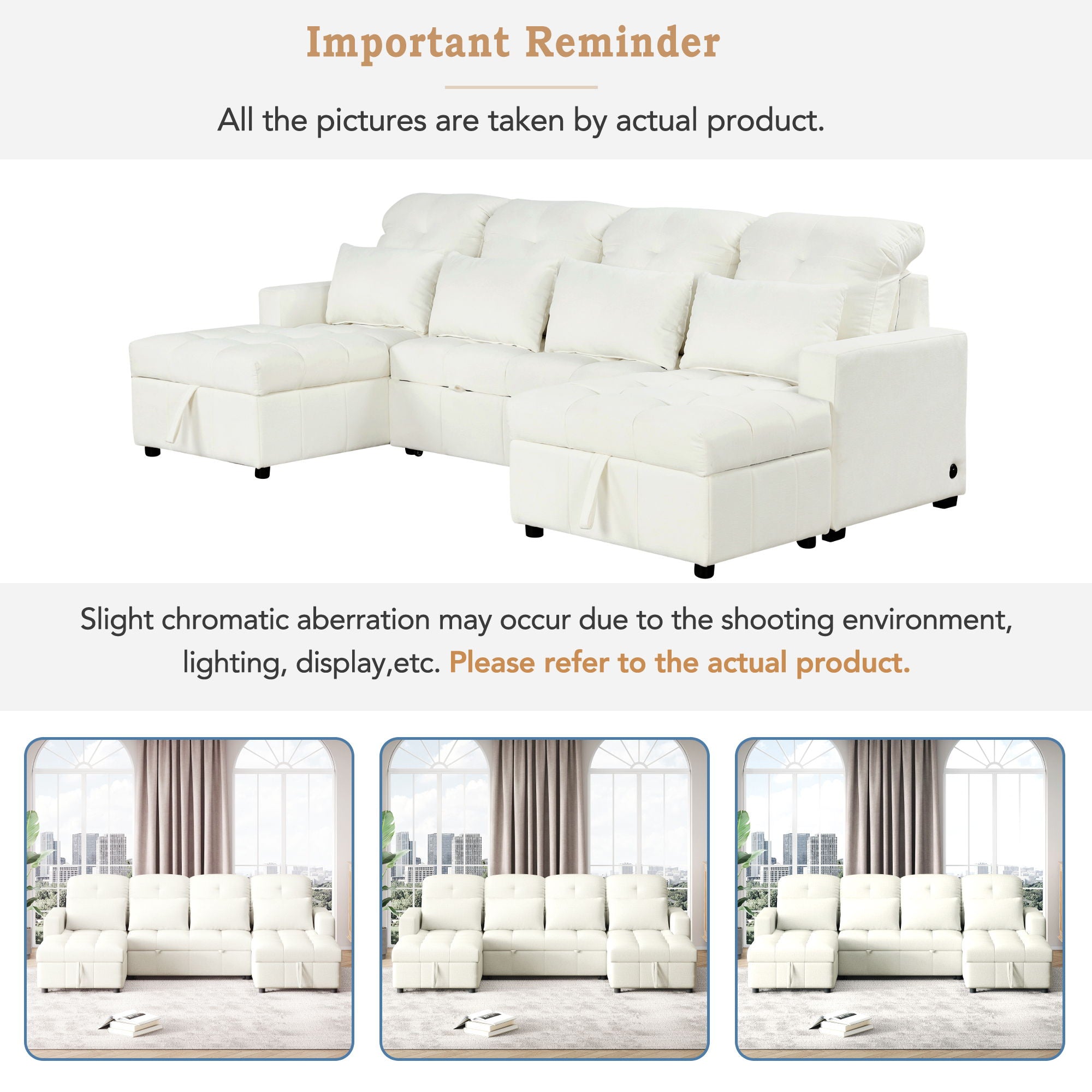 Oversized U-Shaped Versatile Sectional, Pull-Out Sofa Bed With Double Storage Chaise Lounges And 2 USB Ports For Living Room