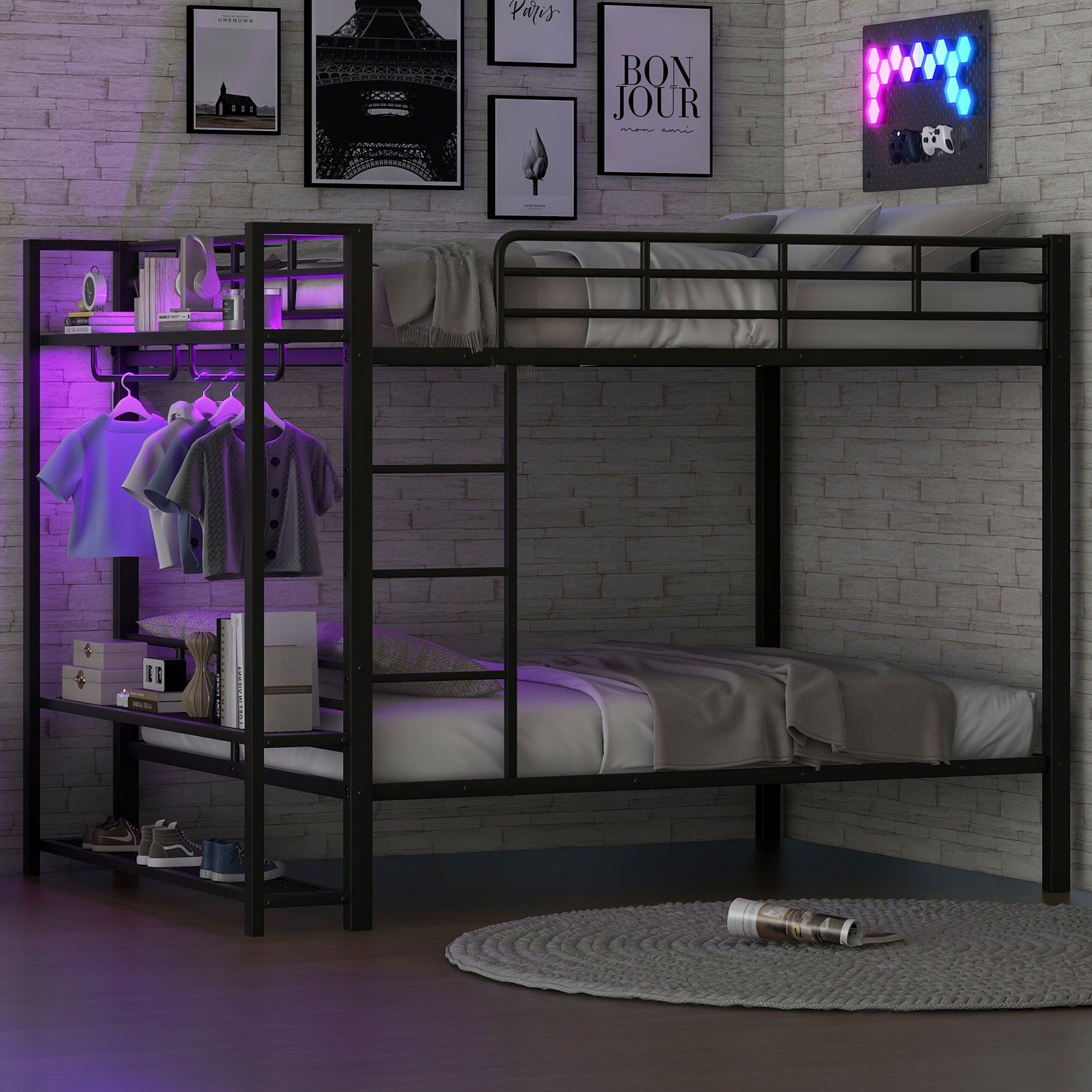 Bunk Bed With Storage Mesh Shelves, Clothes Hooks, LED Light