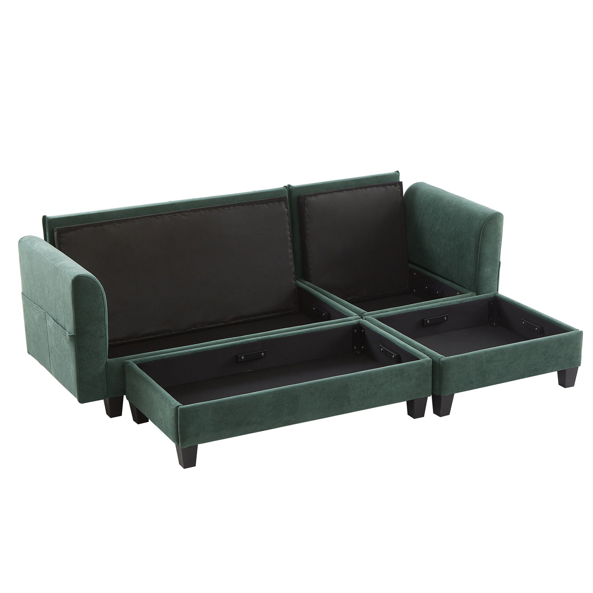 Upholstered L Shaped Sectional Sofa With Storage, Movable Ottoman, And 6 Throw Pillows