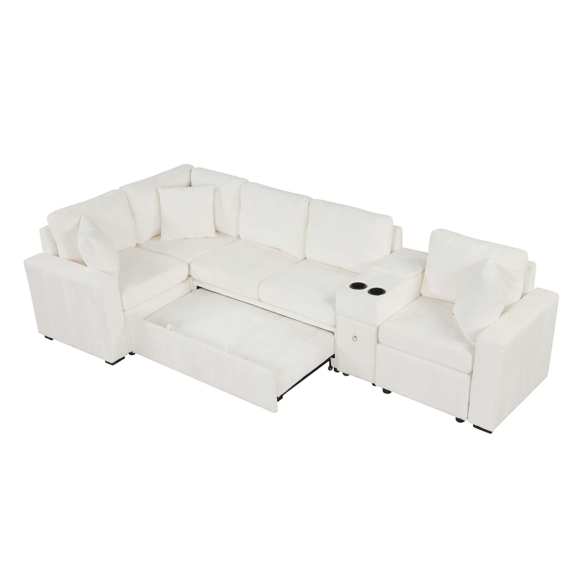 Contemporary L Shaped Convertible Sofa Bed With Pull Out Bed, Cup Holders, And Storage
