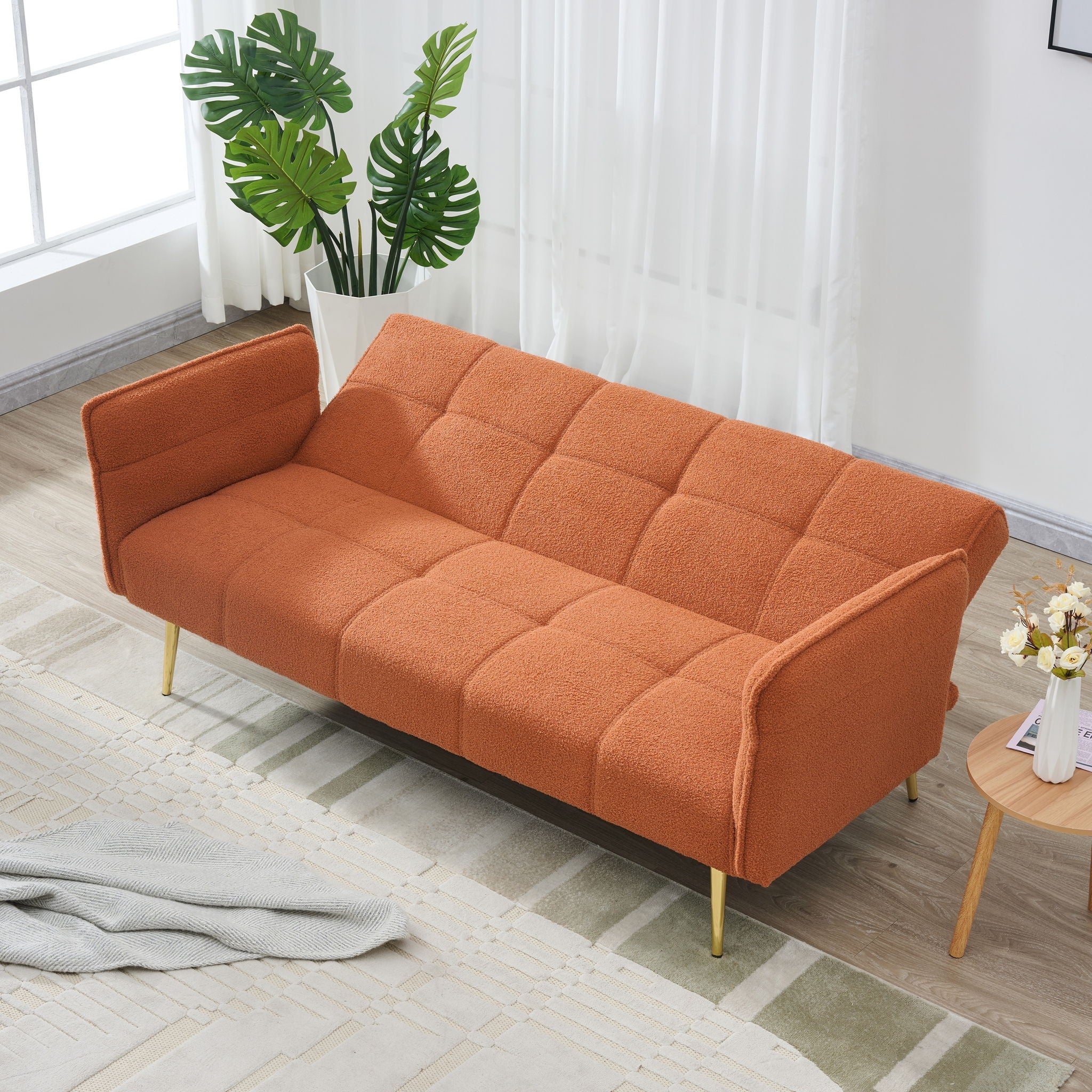 Convertible Double Futon Sofa Bed With Folding Armrests For Living Rooms