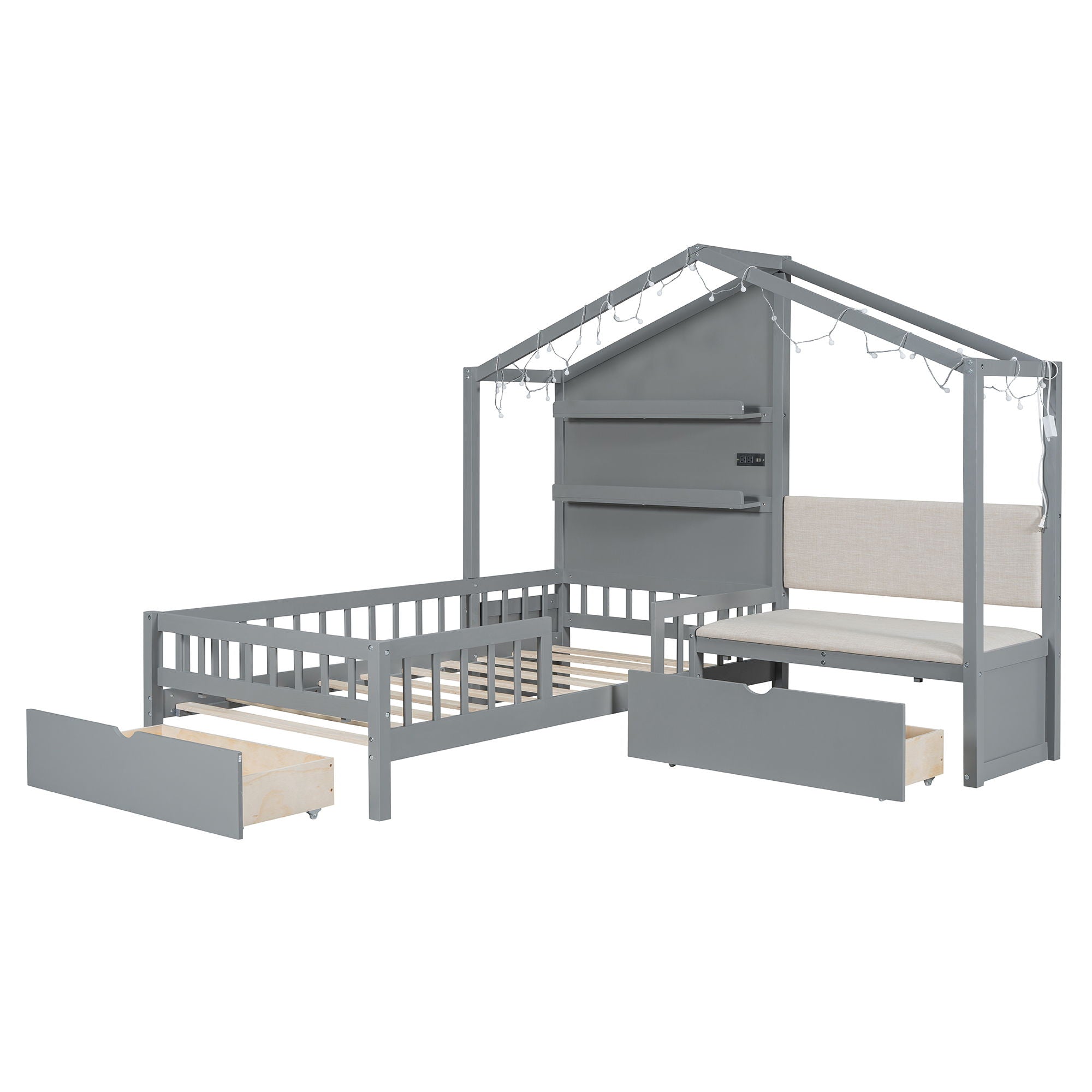 House Bed With Upholstered Sofa, Wireless Charging Station, Shelves And 2 Drawers