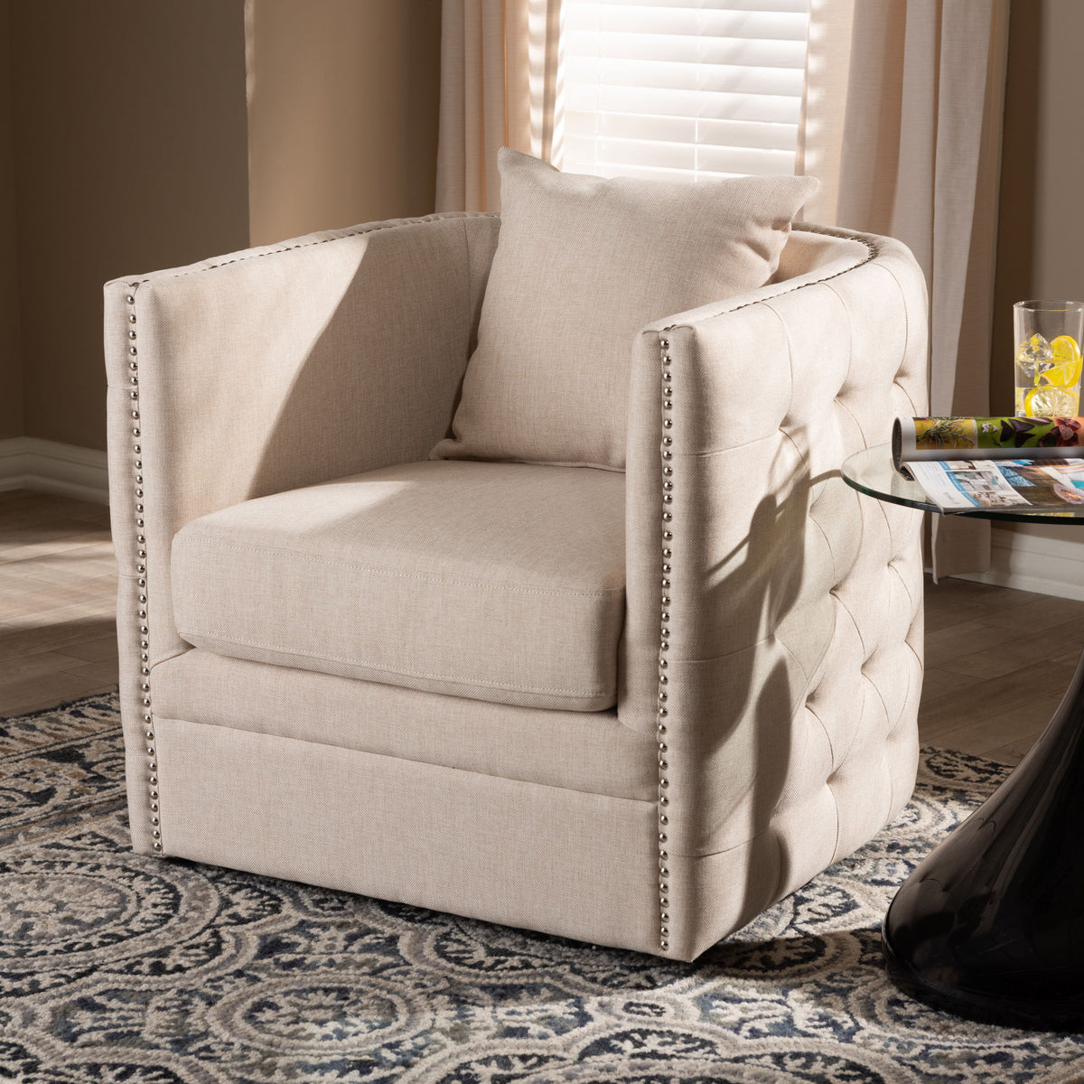 Micah Modern and Contemporary Beige Fabric Upholstered Tufted Swivel Chair