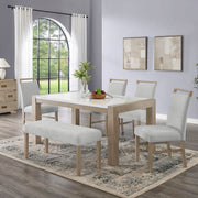Tabitha 6Pc 66" Rectangular White Faux Marble Top Dining Set in Light Oak Finish with Bench