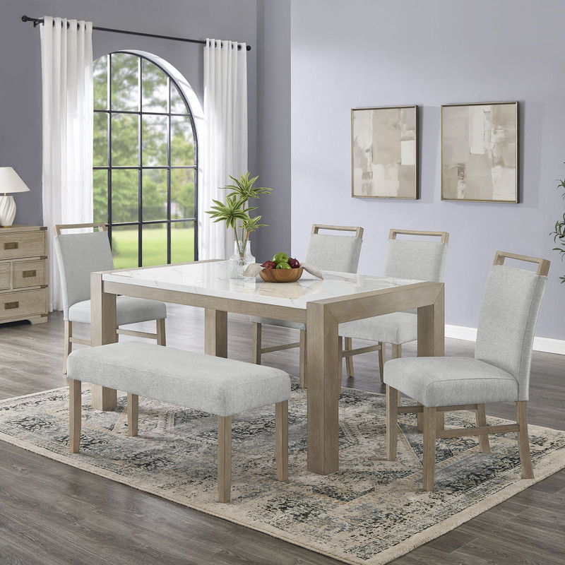 Tabitha 6Pc 66" Rectangular White Faux Marble Top Dining Set in Light Oak Finish with Bench