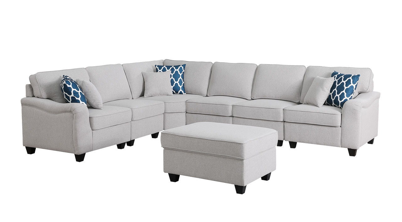 Leo 125"W Light Gray Linen 7Pc Modular L-Shape Sectional Sofa and Ottoman