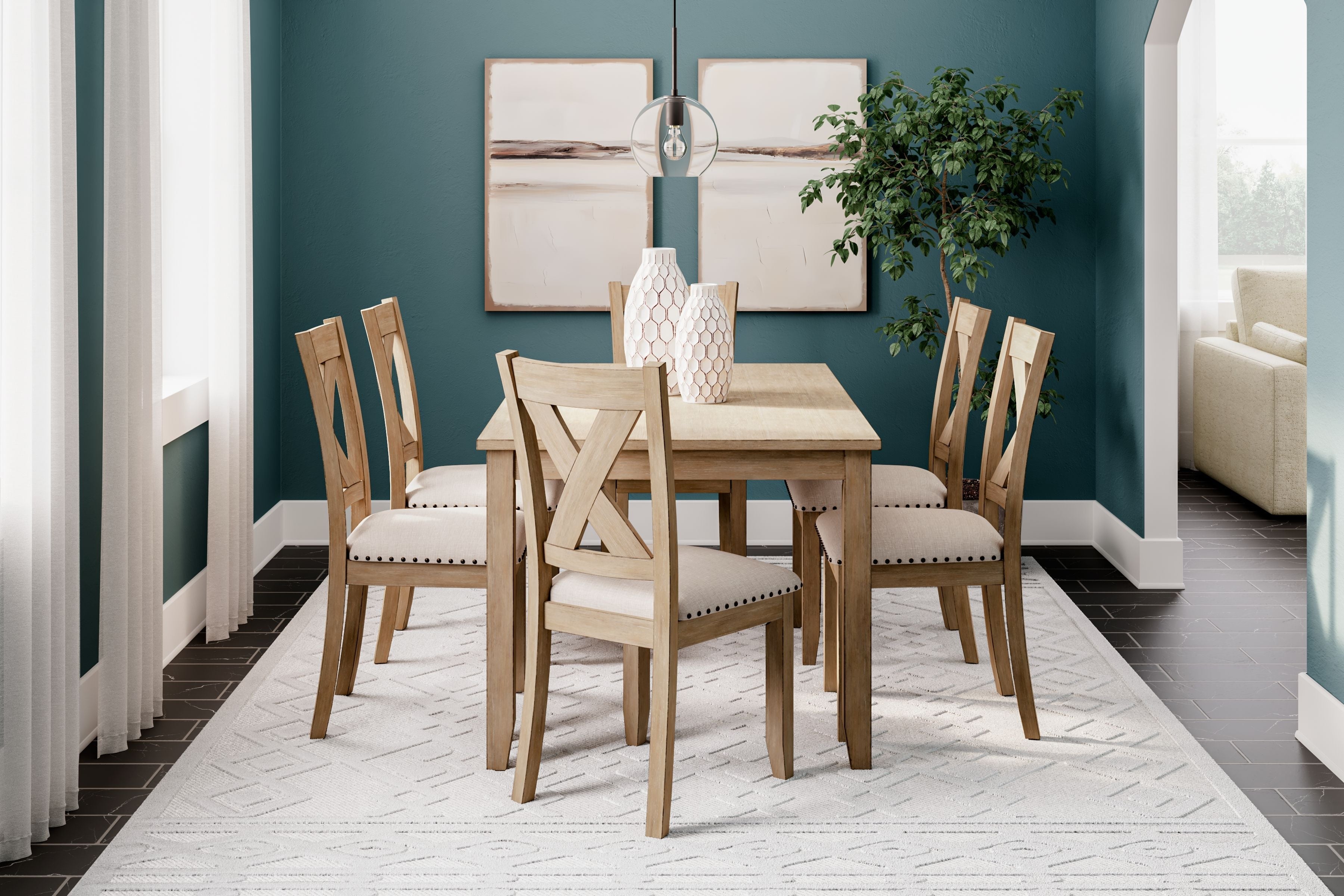 Signature Design by Ashley® Sanbriar - Light Brown - Rect Drm Table Set (Set of 7) | Meri Furniture