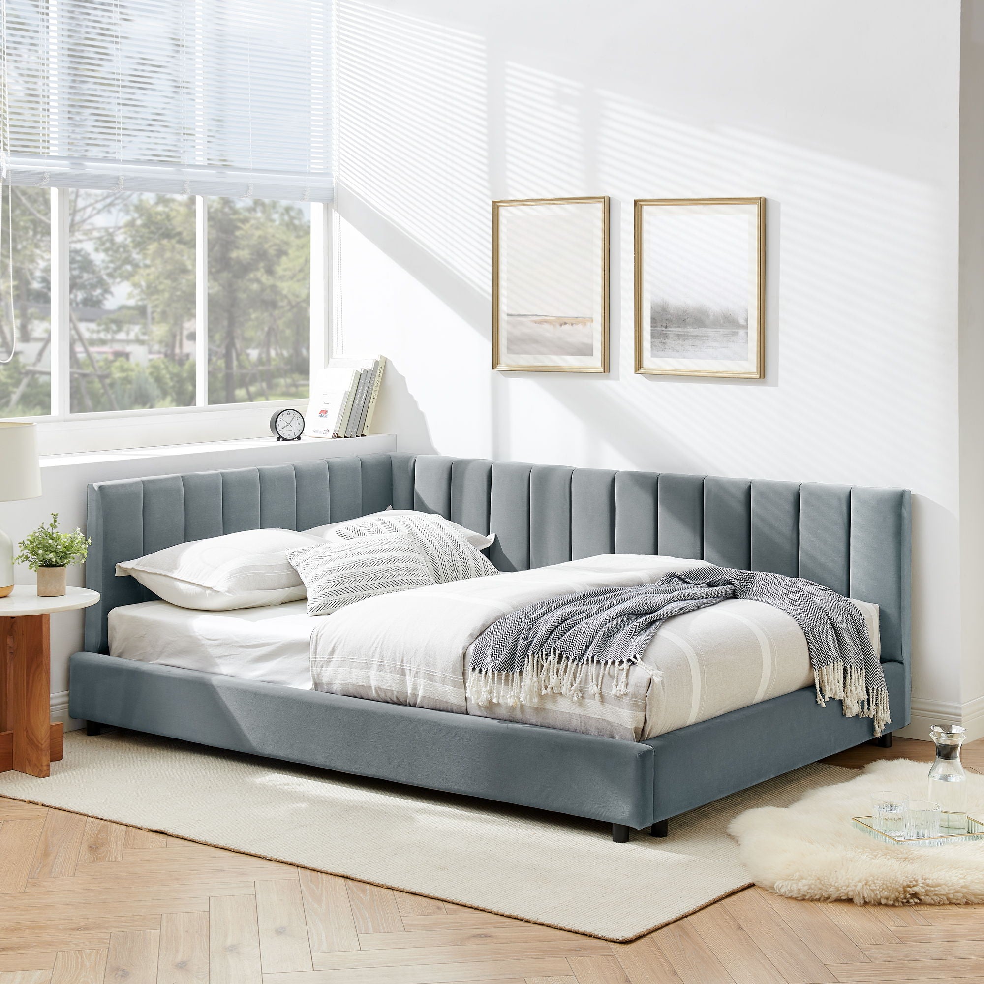 Mid-Century Upholstered Tufted Bed Frame With Backrest And Armrests