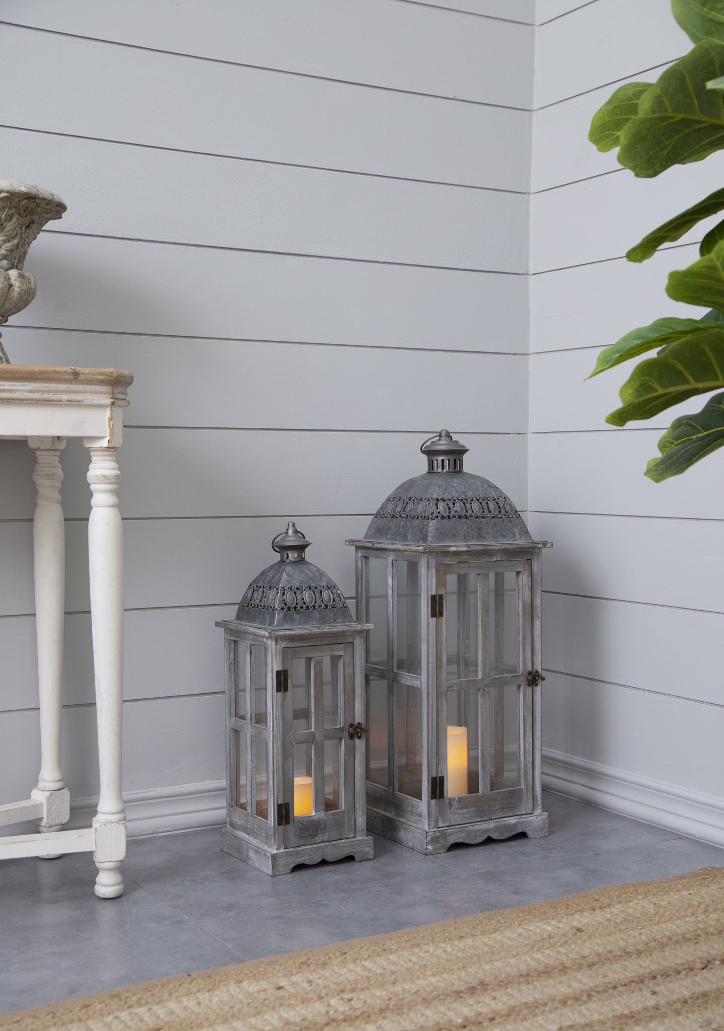 Wooden Candle Lantern Decorative, Hurricane Lantern Holder Decor For Indoor Outdoor, Home Garden Wedding - Gray