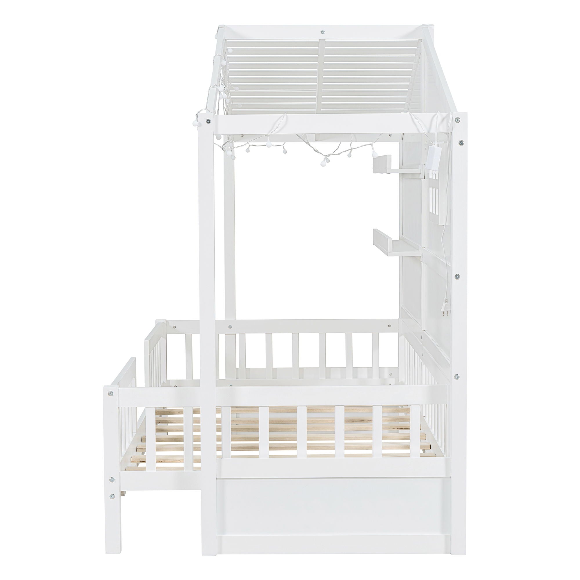 House Bed With Shelves, Window And Sparkling Light Strip On The Roof