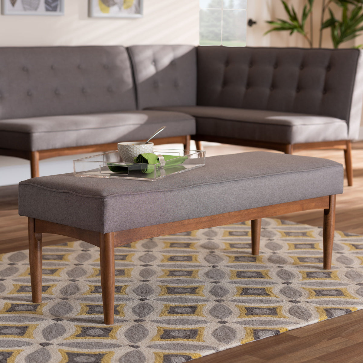Arvid Mid-Century Modern Gray Fabric Upholstered Wood Dining Bench