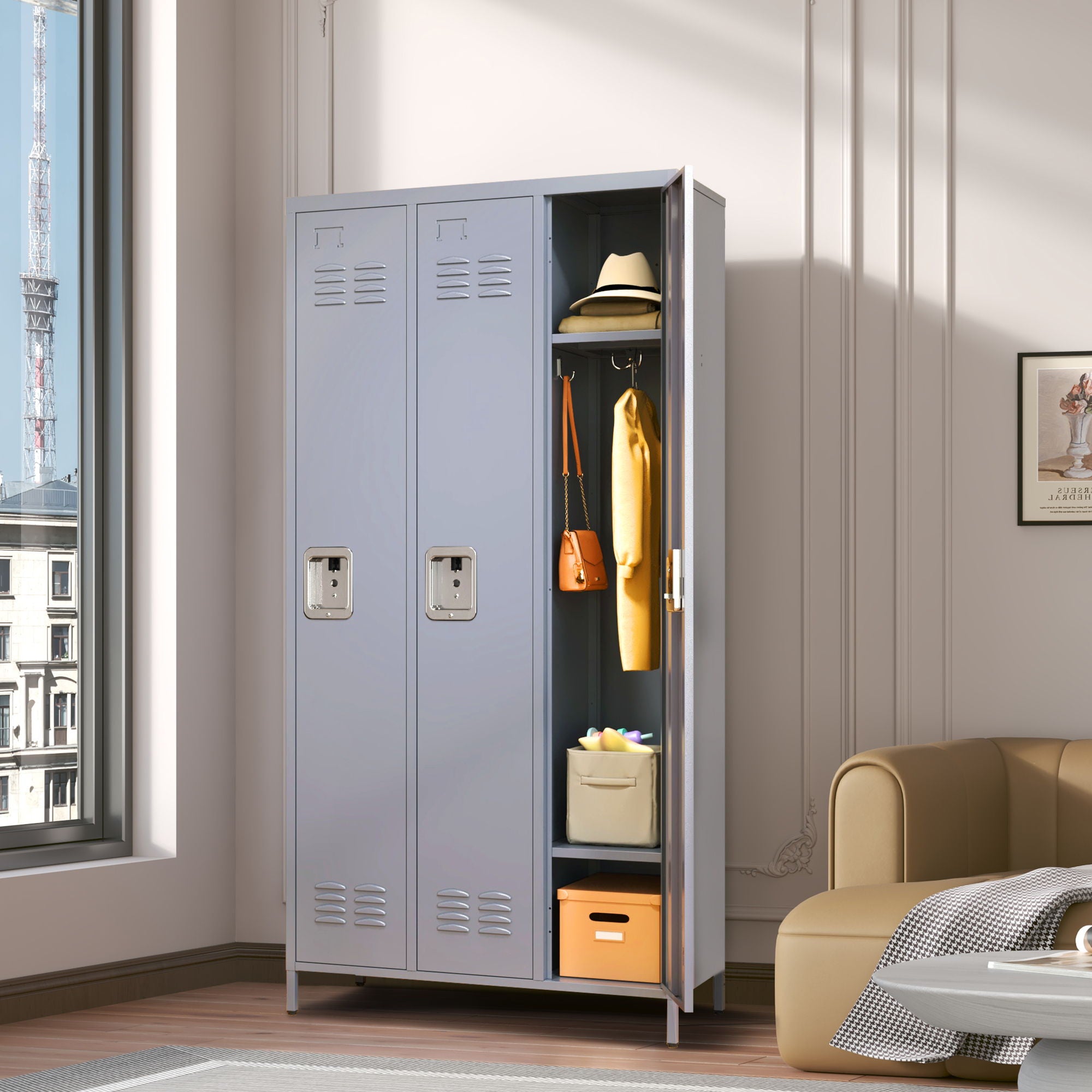 3 Door Lockers With Lock For Home, Gym, Office, School, And Garage - Gray