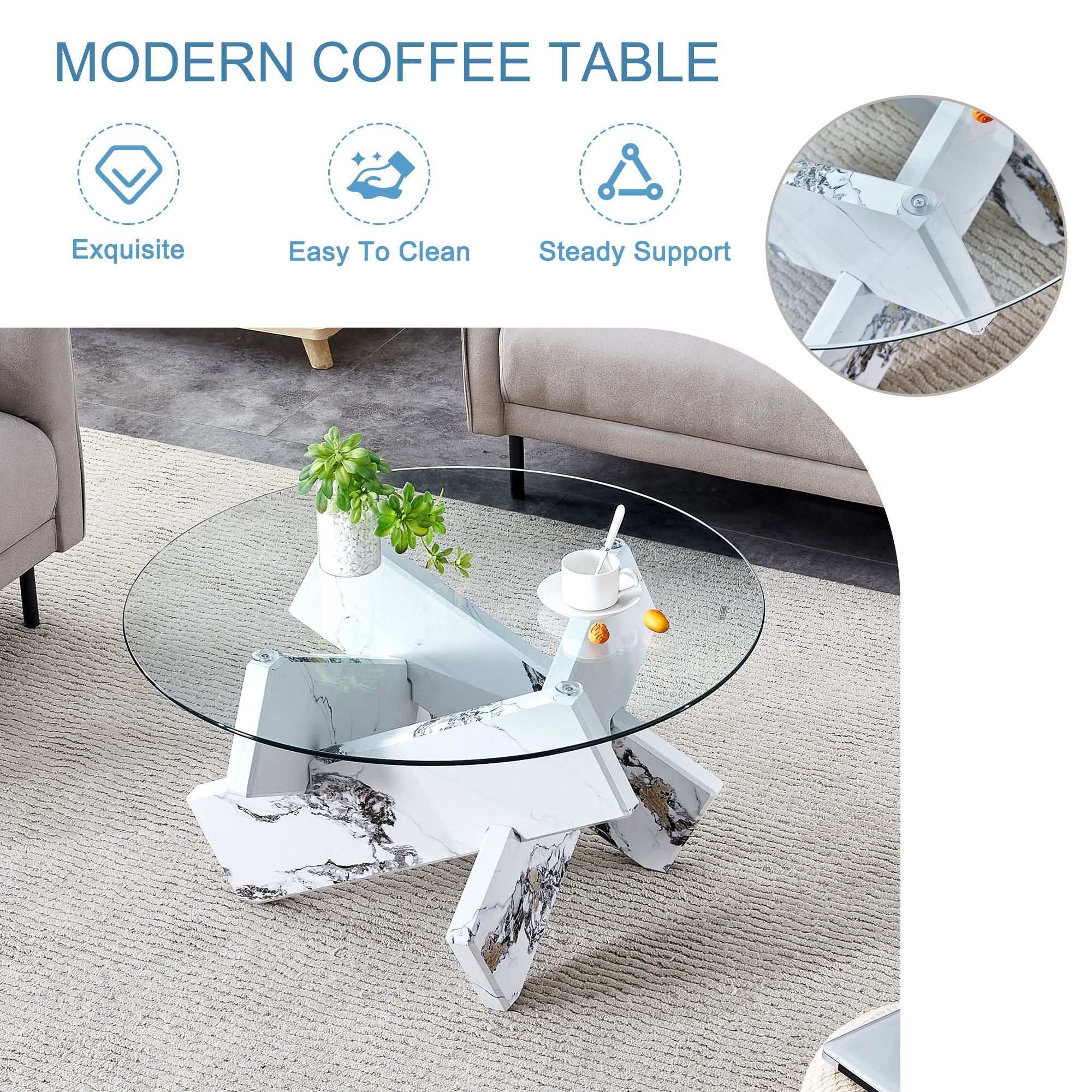 Modern Round Glass Coffee Table With Tempered Glass