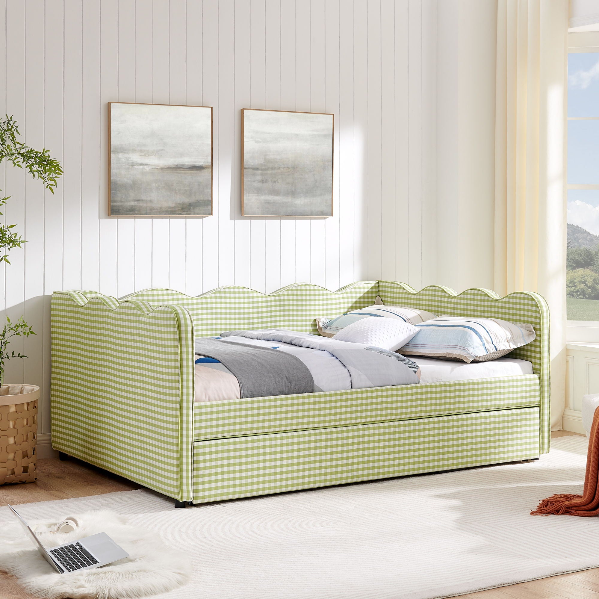 Gingham Daybed With USB Charging Port, Wave-Shaped Design