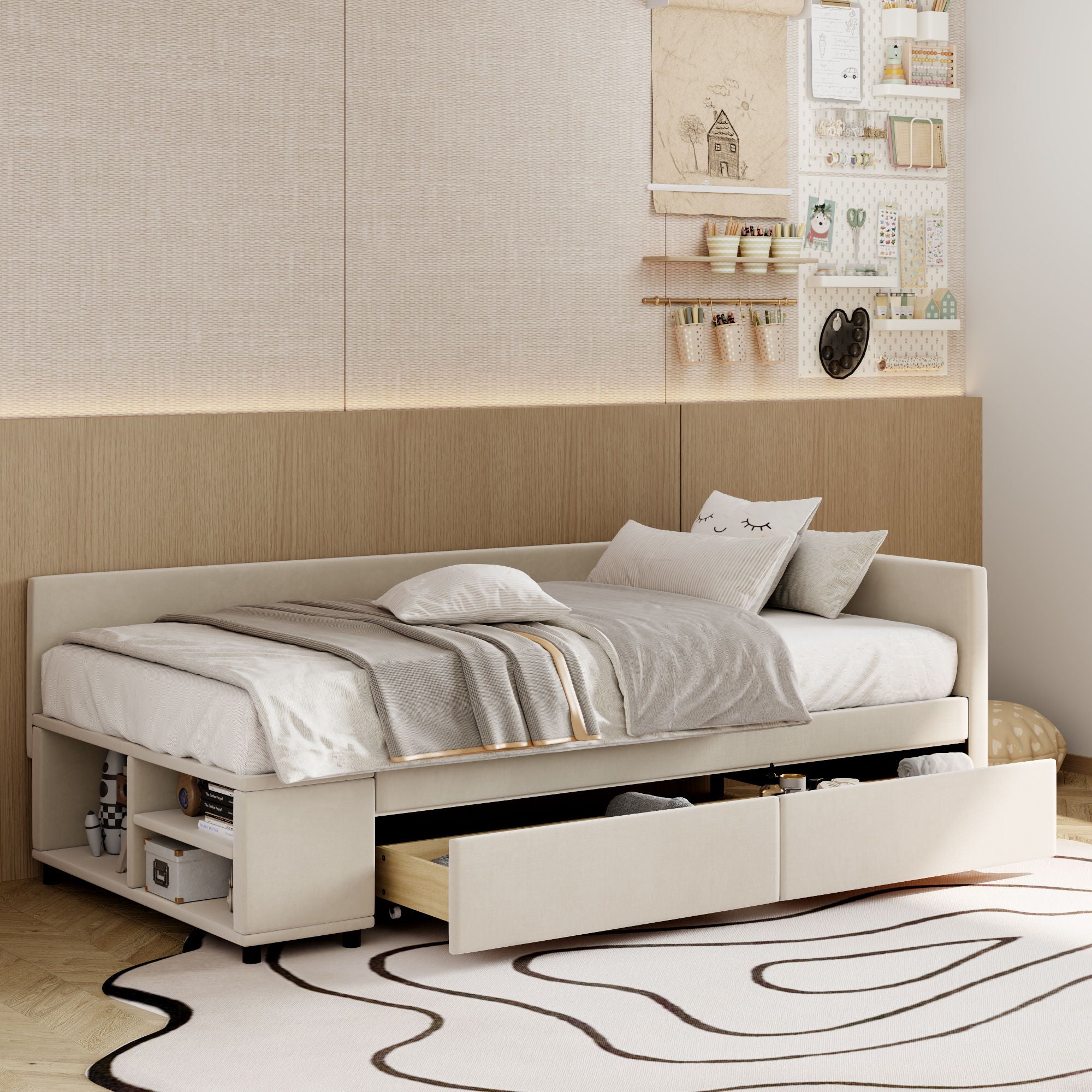L Shaped Upholstered Platform Bed With Storage And Drawers