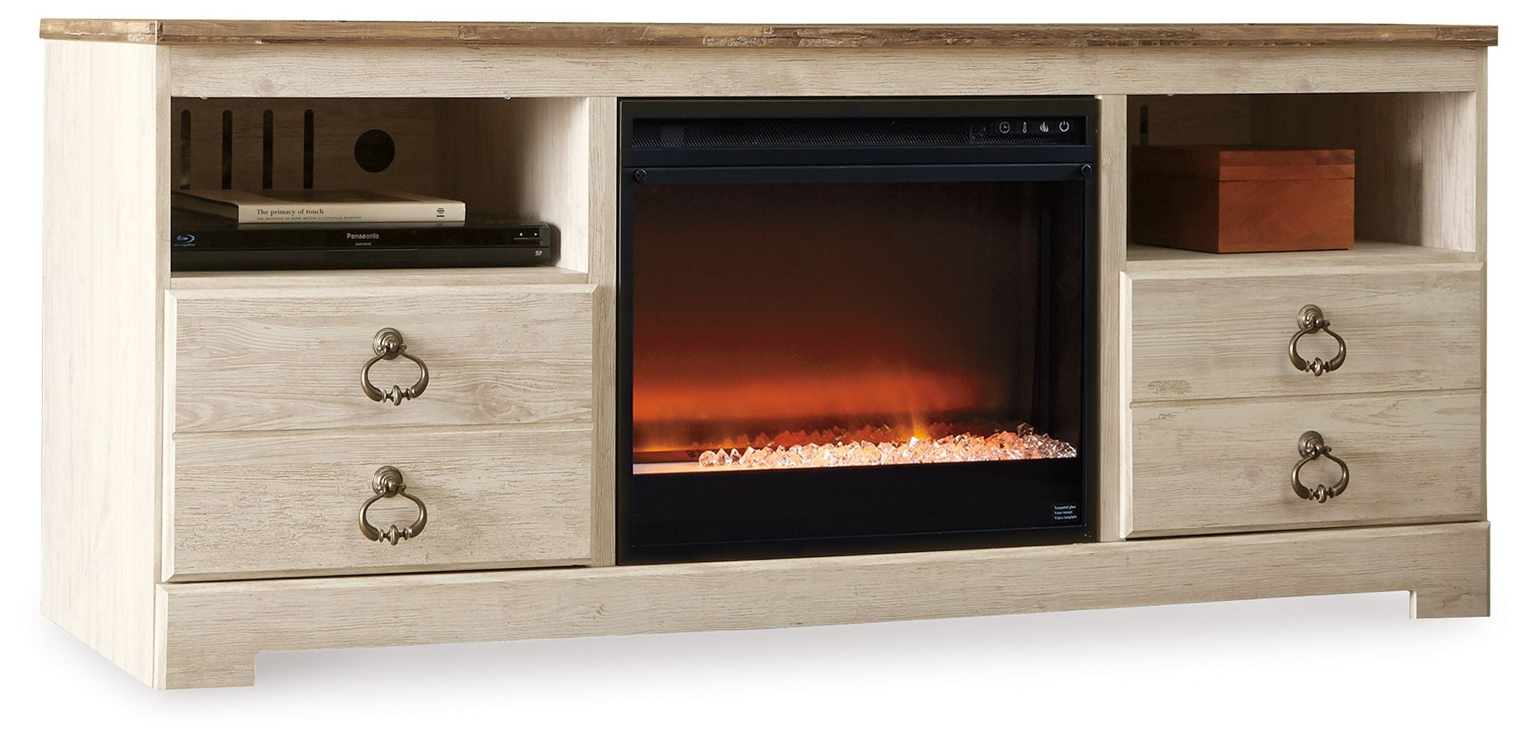 Signature Design by Ashley® Willowton - Whitewash - 64" TV Stand With Glass/Stone Fireplace Insert | Meri Furniture