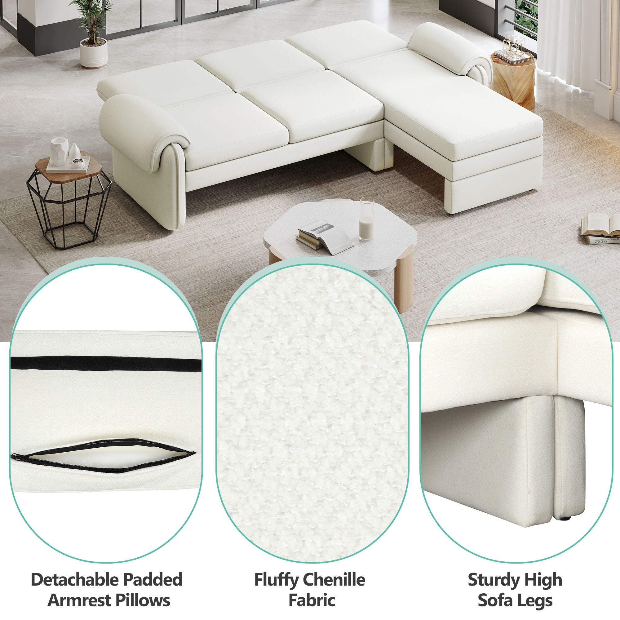 Convertible Futon Sofa Bed With Adjustable Backrest, Reversible Chaise Lounge And 2 Removable Armrest Pillows