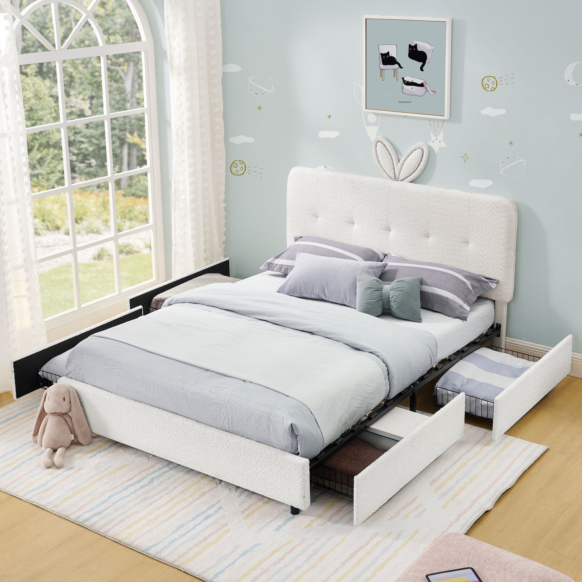 Upholstered Bed With Oversized Rabbit Ear Headboard, LED Lights & 4 Storage Drawers