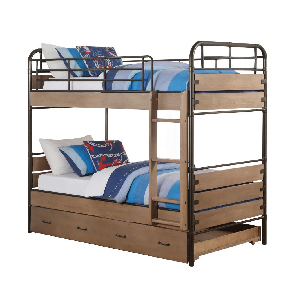 ACME Adams - Twin Over Twin Bunk Bed & Trundle - Antique Oak & Gunmetal | Meri Furniture