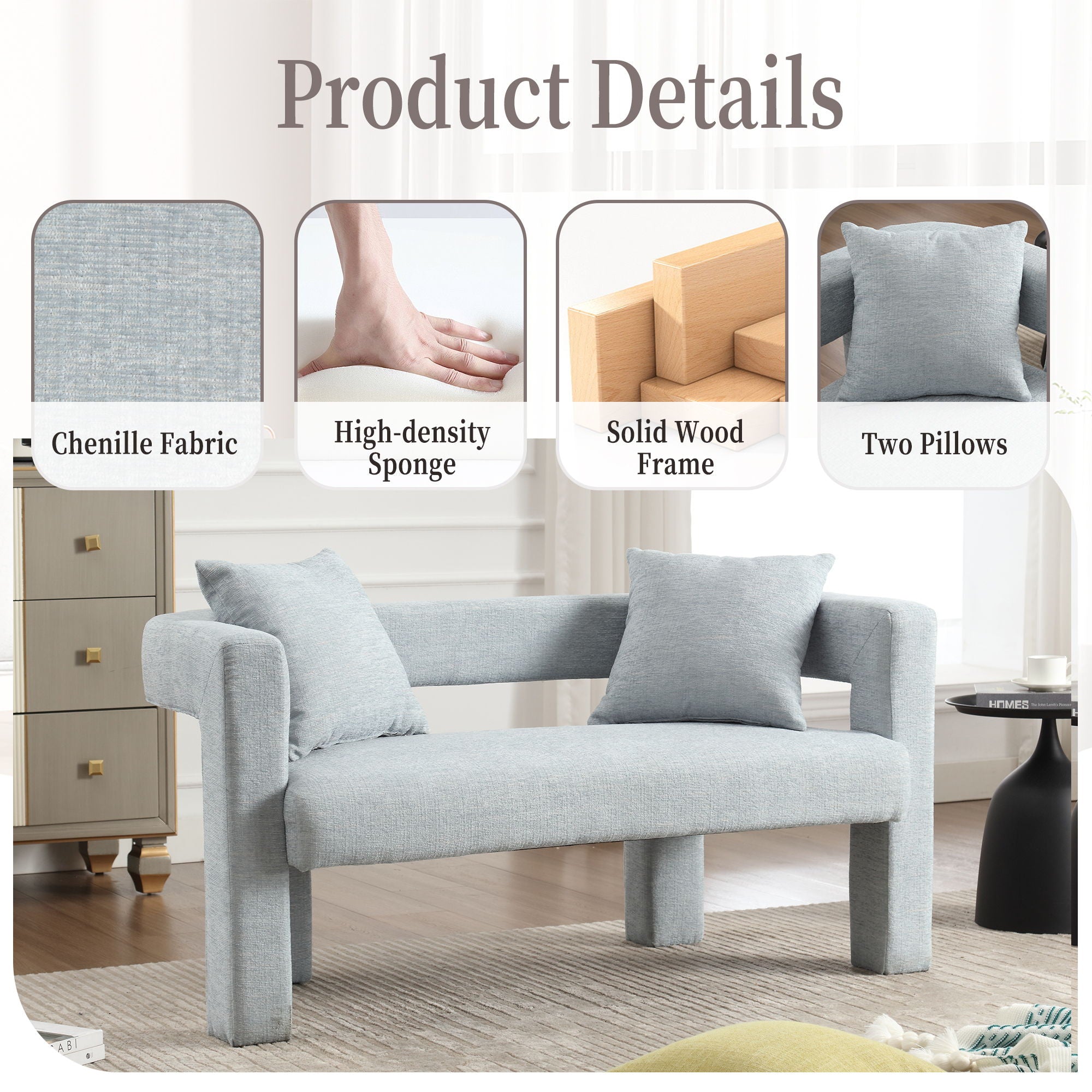 Modern Chenille Loveseat Sofa, Comfy Upholstered 2 Seater