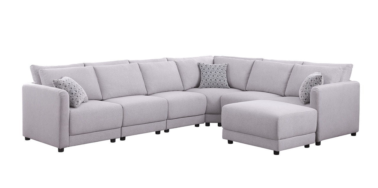 Penelope 120"W Light Gray Linen Fabric Reversible 7PC Modular Sectional Sofa with Ottoman and Pillows